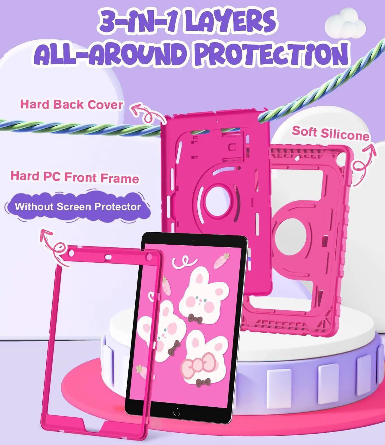 Alt view image 5 of 5 - OKP Kids Case for iPad 9th/ 8th/ 7th Generation 10.2 Inch (2021/2020/2019), Heavy Duty Rugged 9 8 7 th Gen iPad Protective Cover with Built-in Kickstand, Pencil Holder for Kids Girls Boys, Hot Pink