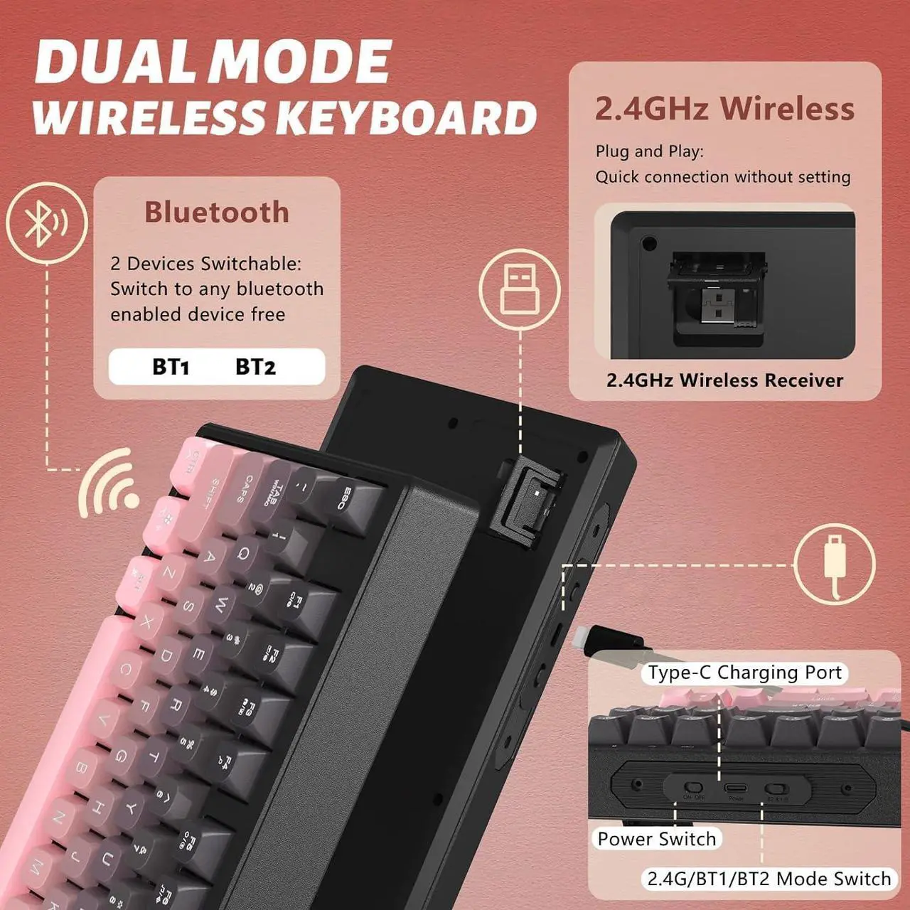 Alt view image 2 of 5 - ATTACK SHARK M87 80% Wireless Gaming Keyboard,87 Keys Rainbow Lights TKL Mechanical Feeling SA PBT Keyboard for Mac/Win, Bluetooth 5.0/2.4Ghz Dual Mode Pc Keyboards for Office/Gaming Blackpink