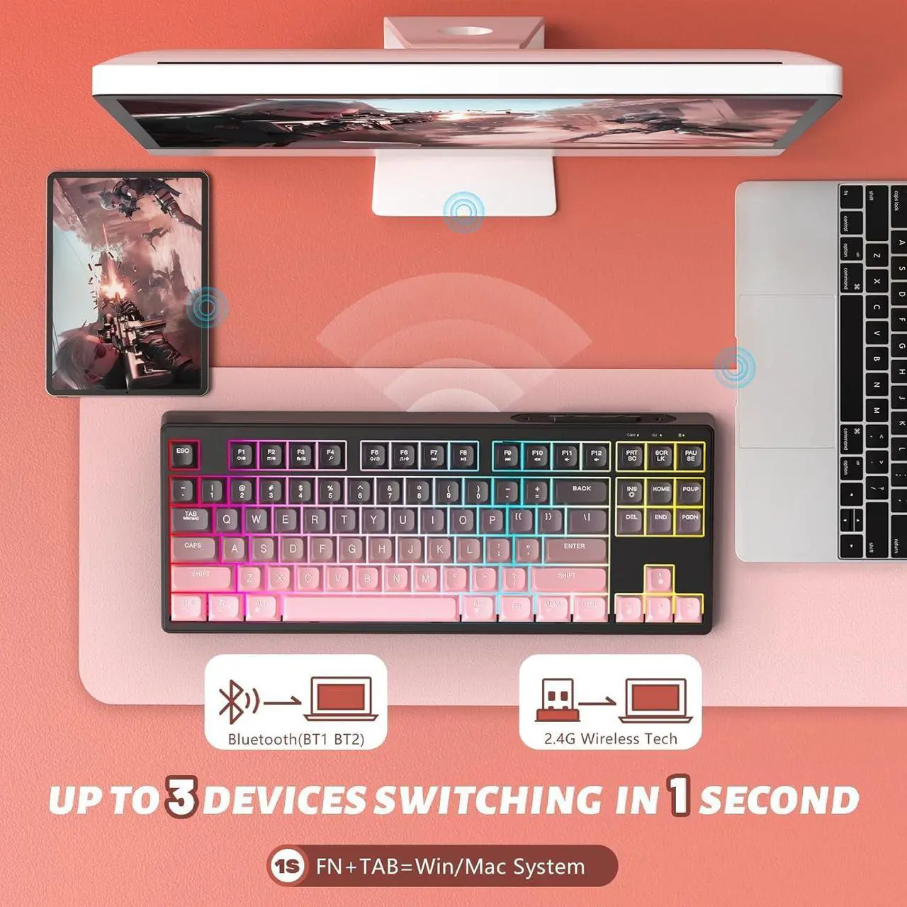 Alt view image 3 of 5 - ATTACK SHARK M87 80% Wireless Gaming Keyboard,87 Keys Rainbow Lights TKL Mechanical Feeling SA PBT Keyboard for Mac/Win, Bluetooth 5.0/2.4Ghz Dual Mode Pc Keyboards for Office/Gaming Blackpink