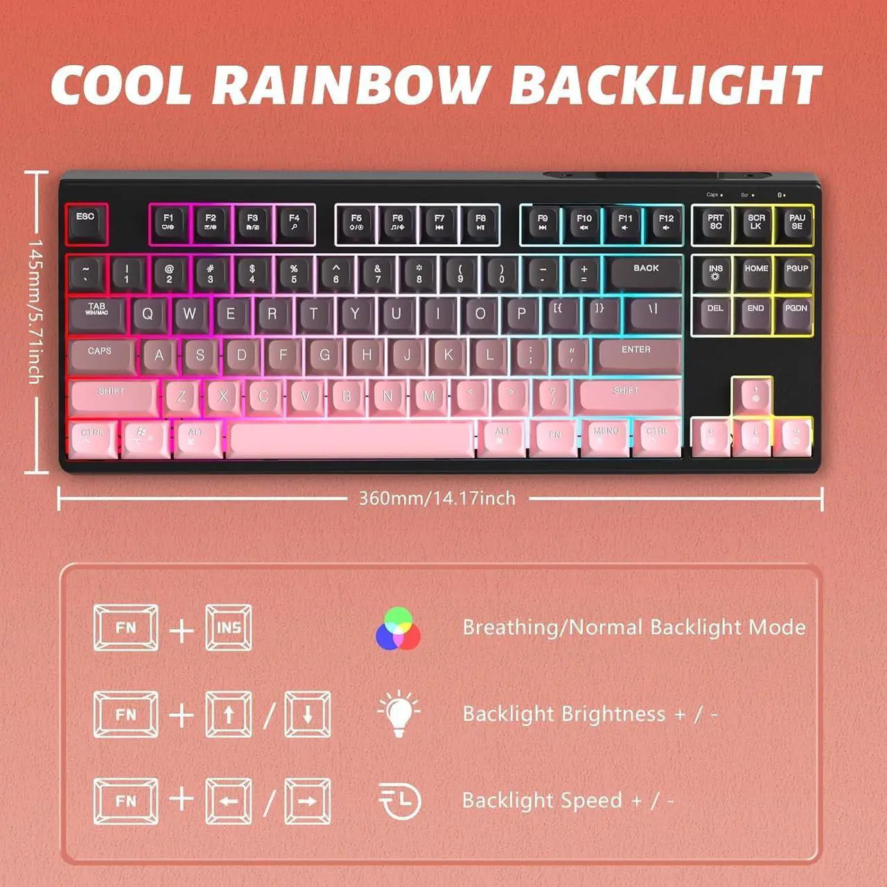 Alt view image 5 of 5 - ATTACK SHARK M87 80% Wireless Gaming Keyboard,87 Keys Rainbow Lights TKL Mechanical Feeling SA PBT Keyboard for Mac/Win, Bluetooth 5.0/2.4Ghz Dual Mode Pc Keyboards for Office/Gaming Blackpink