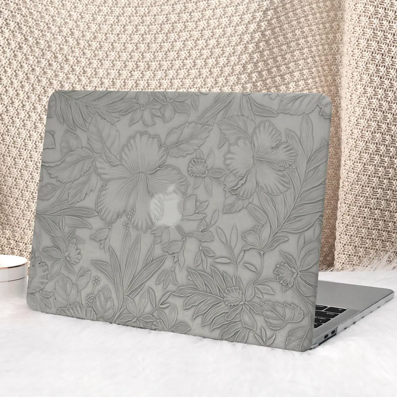 Main image of Seorsok Compatible with MacBook Pro 13 inch Case M2 2023,2022,2021-2016 A2338 M1 A2251 A2289 A2159 A1989 A1708 A1706,Leaves Flowers Leather Hard Shell Case with Keyboard Cover,Grey Blooming Floral