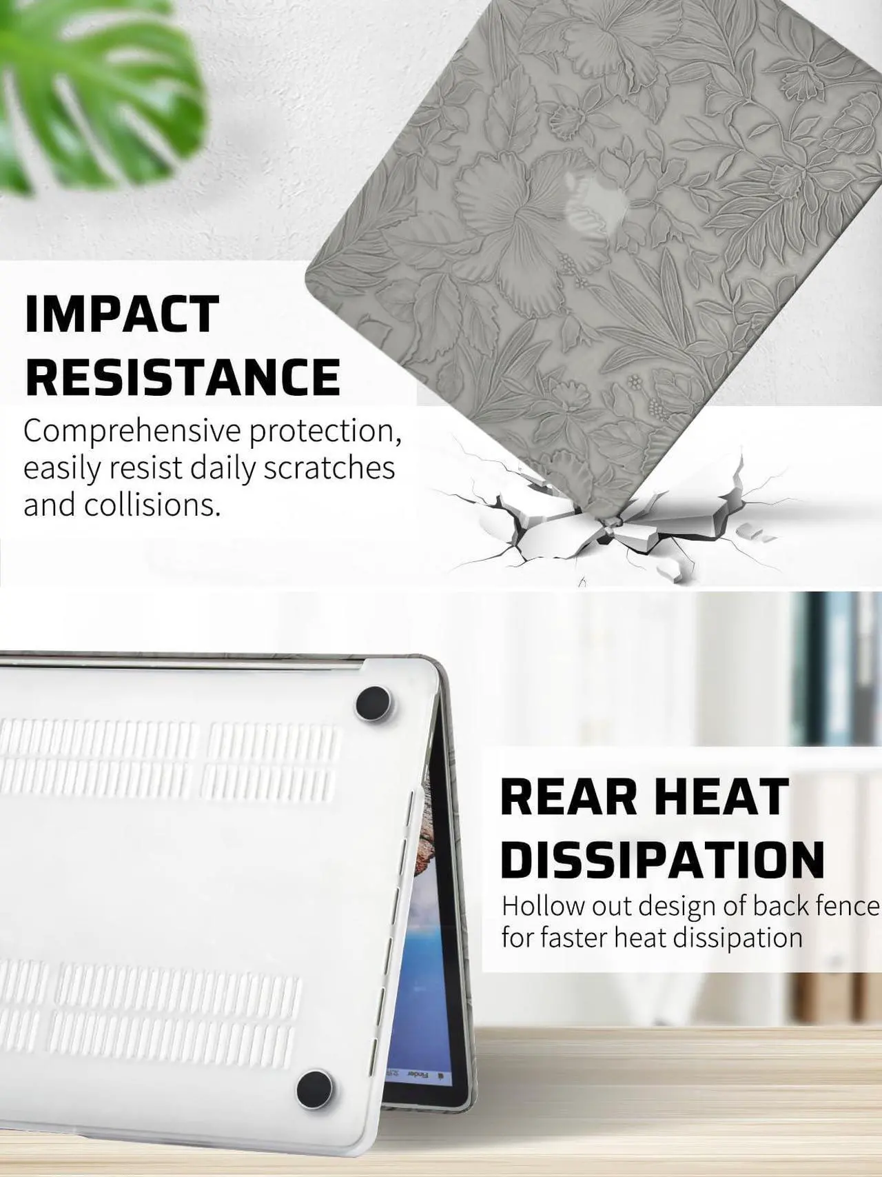 Alt view image 5 of 5 - Seorsok Compatible with MacBook Pro 13 inch Case M2 2023,2022,2021-2016 A2338 M1 A2251 A2289 A2159 A1989 A1708 A1706,Leaves Flowers Leather Hard Shell Case with Keyboard Cover,Grey Blooming Floral