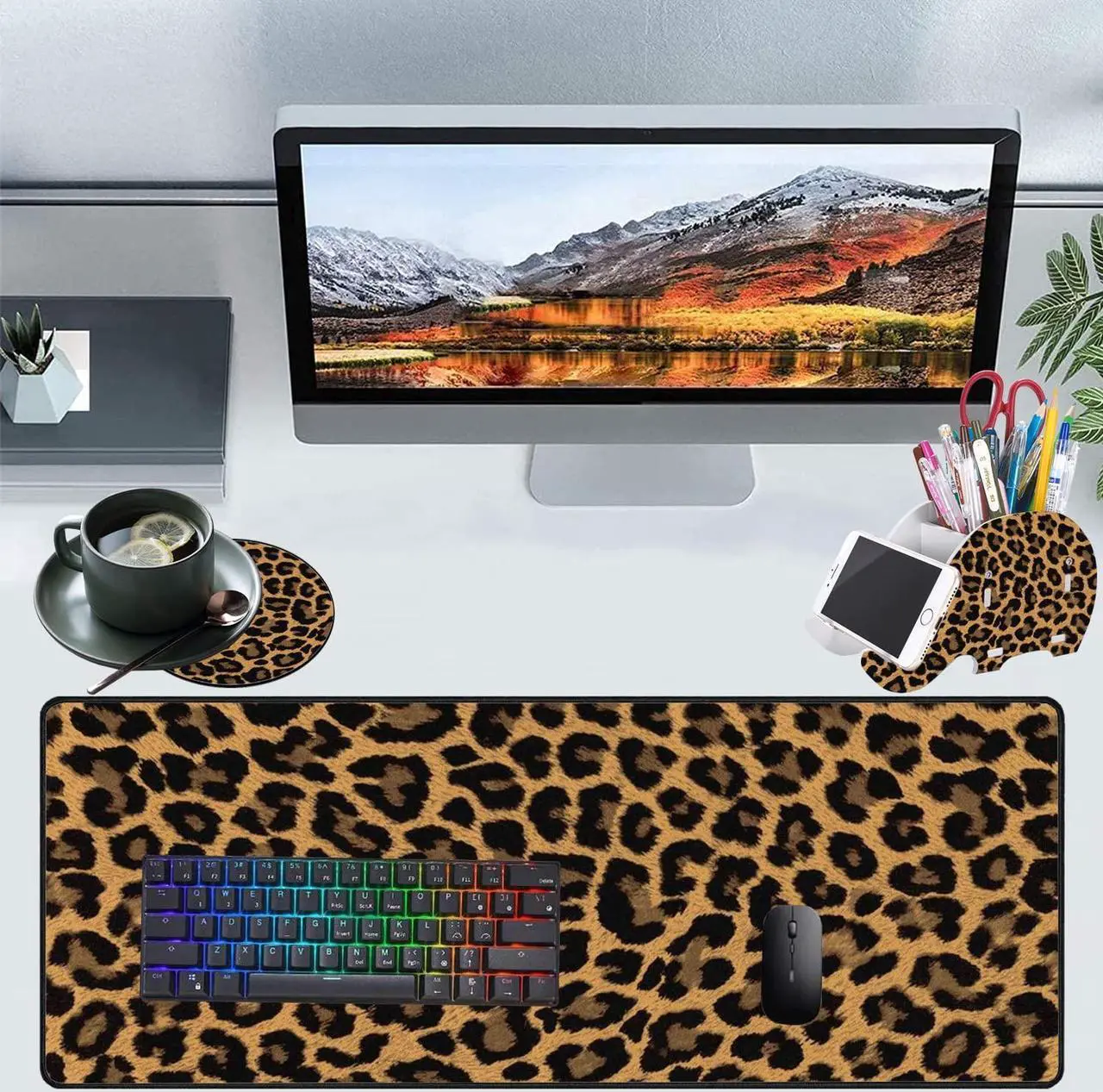 Alt view image 2 of 5 - Large Game Mouse Pad + Brush Holder Phone Stand+Coaster Set, Multi-Functional Organizer with Stitched Edge Non-Slip Table Pad, Suitable for Gamers/Offices, Leopard Print