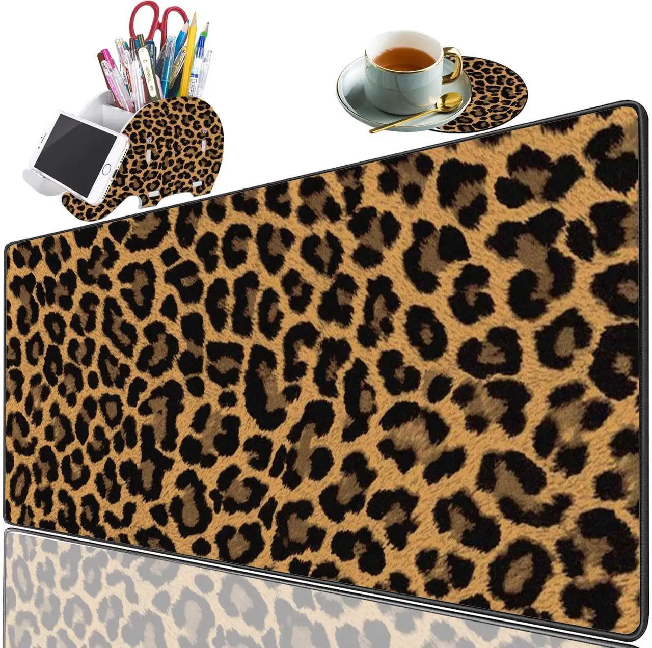 Main image of Large Game Mouse Pad + Brush Holder Phone Stand+Coaster Set, Multi-Functional Organizer with Stitched Edge Non-Slip Table Pad, Suitable for Gamers/Offices, Leopard Print