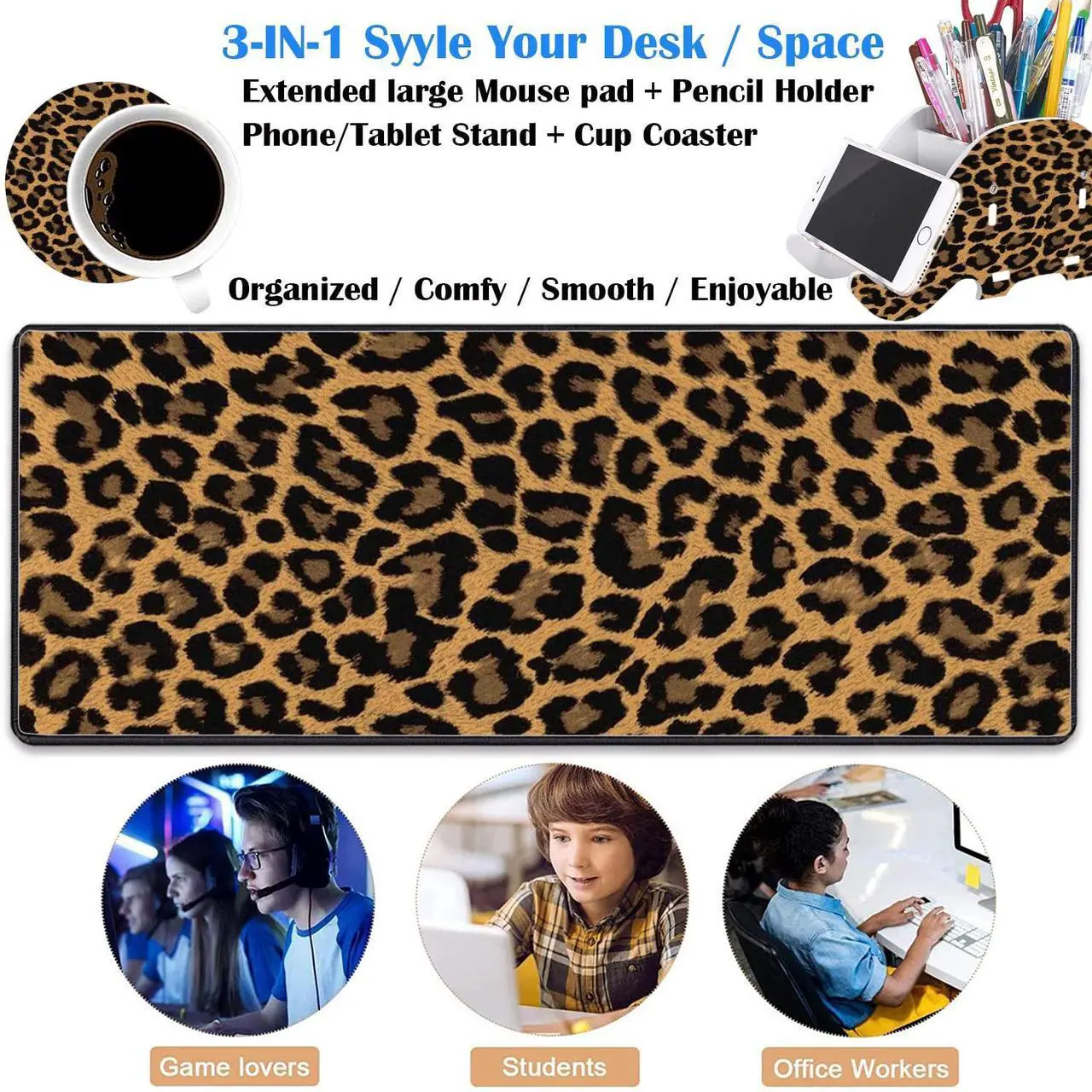 Alt view image 3 of 5 - Large Game Mouse Pad + Brush Holder Phone Stand+Coaster Set, Multi-Functional Organizer with Stitched Edge Non-Slip Table Pad, Suitable for Gamers/Offices, Leopard Print