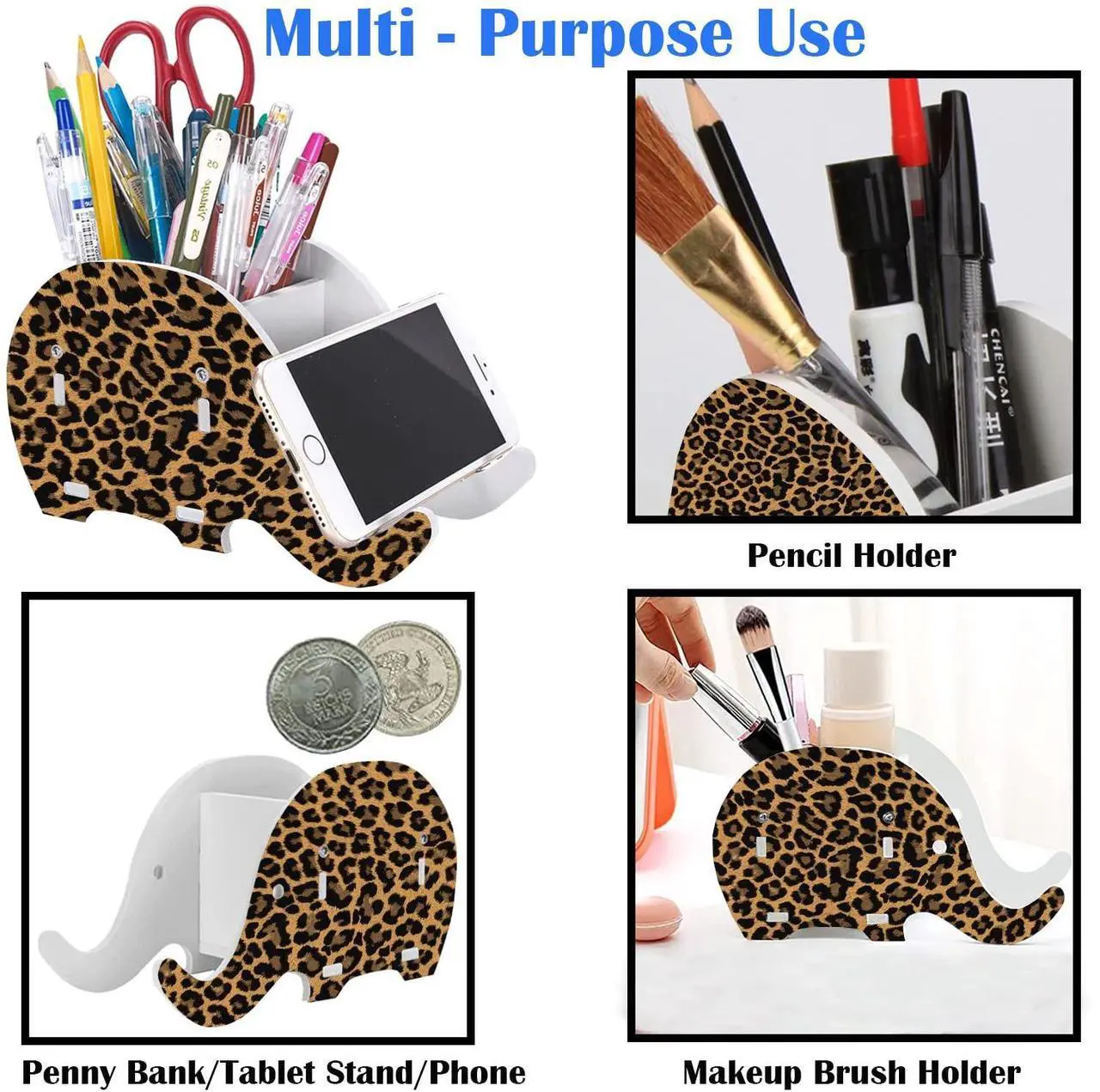 Alt view image 4 of 5 - Large Game Mouse Pad + Brush Holder Phone Stand+Coaster Set, Multi-Functional Organizer with Stitched Edge Non-Slip Table Pad, Suitable for Gamers/Offices, Leopard Print