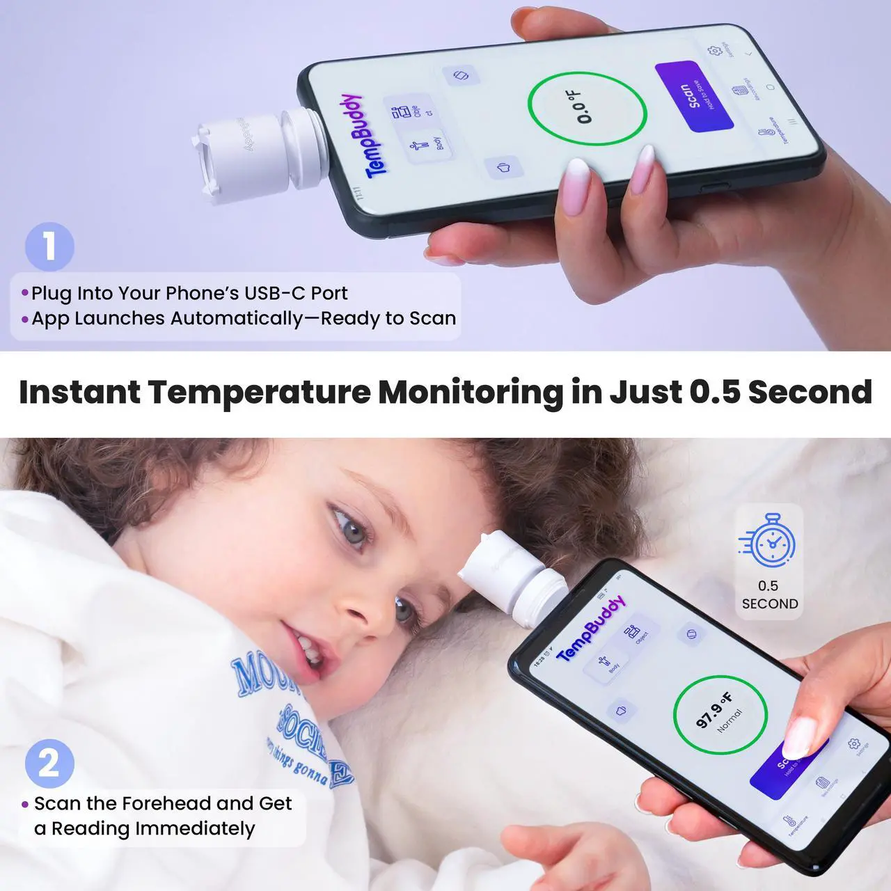 Alt view image 2 of 7 - Zanis TempBuddy App-Synced, Battery-Free No Touch Thermometer  Fever Profiles & Tracking, Patent-Pending, Portable, Accurate & Instant  USB-C Android, 2-in-1 Forehead & Object Infrared Thermometer