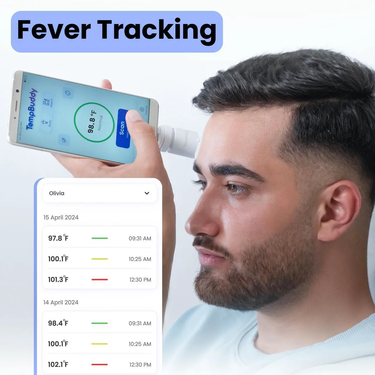 Alt view image 4 of 7 - Zanis TempBuddy App-Synced, Battery-Free No Touch Thermometer  Fever Profiles & Tracking, Patent-Pending, Portable, Accurate & Instant  USB-C Android, 2-in-1 Forehead & Object Infrared Thermometer