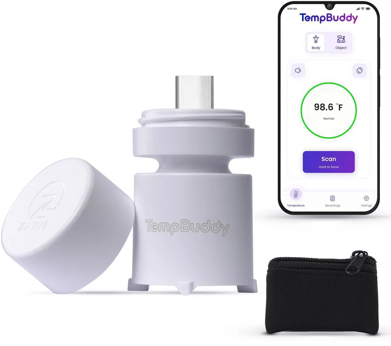 Main image of Zanis TempBuddy App-Synced, Battery-Free No Touch Thermometer  Fever Profiles & Tracking, Patent-Pending, Portable, Accurate & Instant  USB-C Android, 2-in-1 Forehead & Object Infrared Thermometer