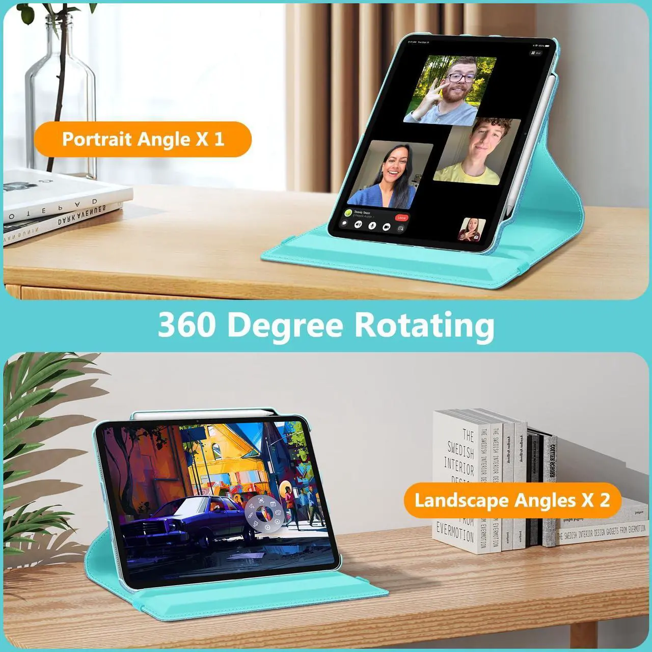 Alt view image 4 of 5 - Fintie Rotating Case for iPad Air 13-inch (M3) 2025, (M2) 2024-360 Degree Swiveling Protective Stand Cover with Pencil Holder, Auto Wake/Sleep, Glittering Blue