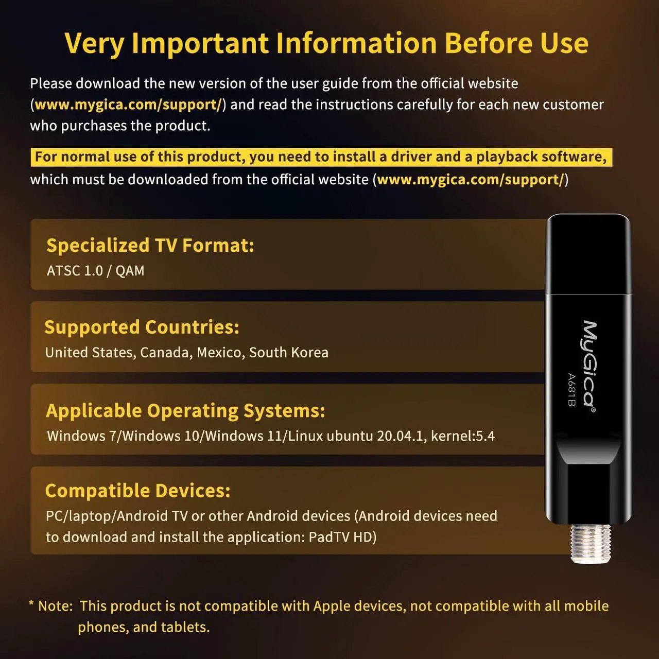 Alt view image 2 of 5 - Mygica A681B USB 2.0 TV Tuner Card, ATSC HD Digital External HDTV Tuner Stick Dongle Adapter for Windows PC Computer + Laptop + Android TV - Black