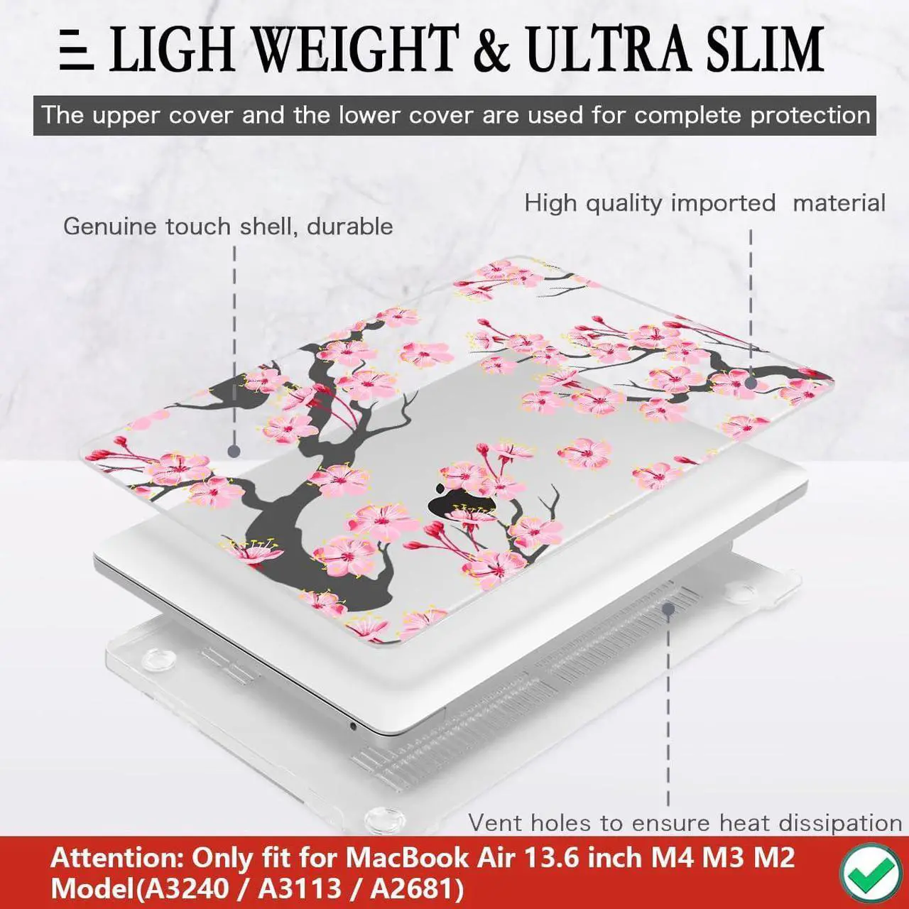 Alt view image 4 of 5 - CISSOOK Compatible with MacBook Air 13.6 Inch Case A2681 A3113 A3240 2022-2025 Release, Hard Shell Case with Keyboard Cover for MacBook Air 13.6 M2 M3 M4 - Cherry Blossoms