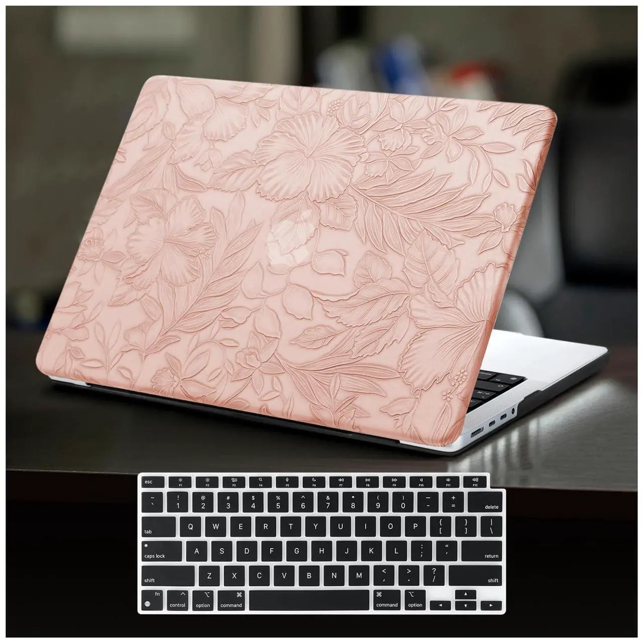 Alt view image 3 of 5 - DTangLsm for 2025 MacBook Air 15 inch Case 2024 2023 M4 A3241 M3 A3114 M2 A2941, Texture Leather MacBook Air Cover Plastic Hard Shell Case & Keyboard Cover for MacBook Air M4 15", Pink Embossed Floral