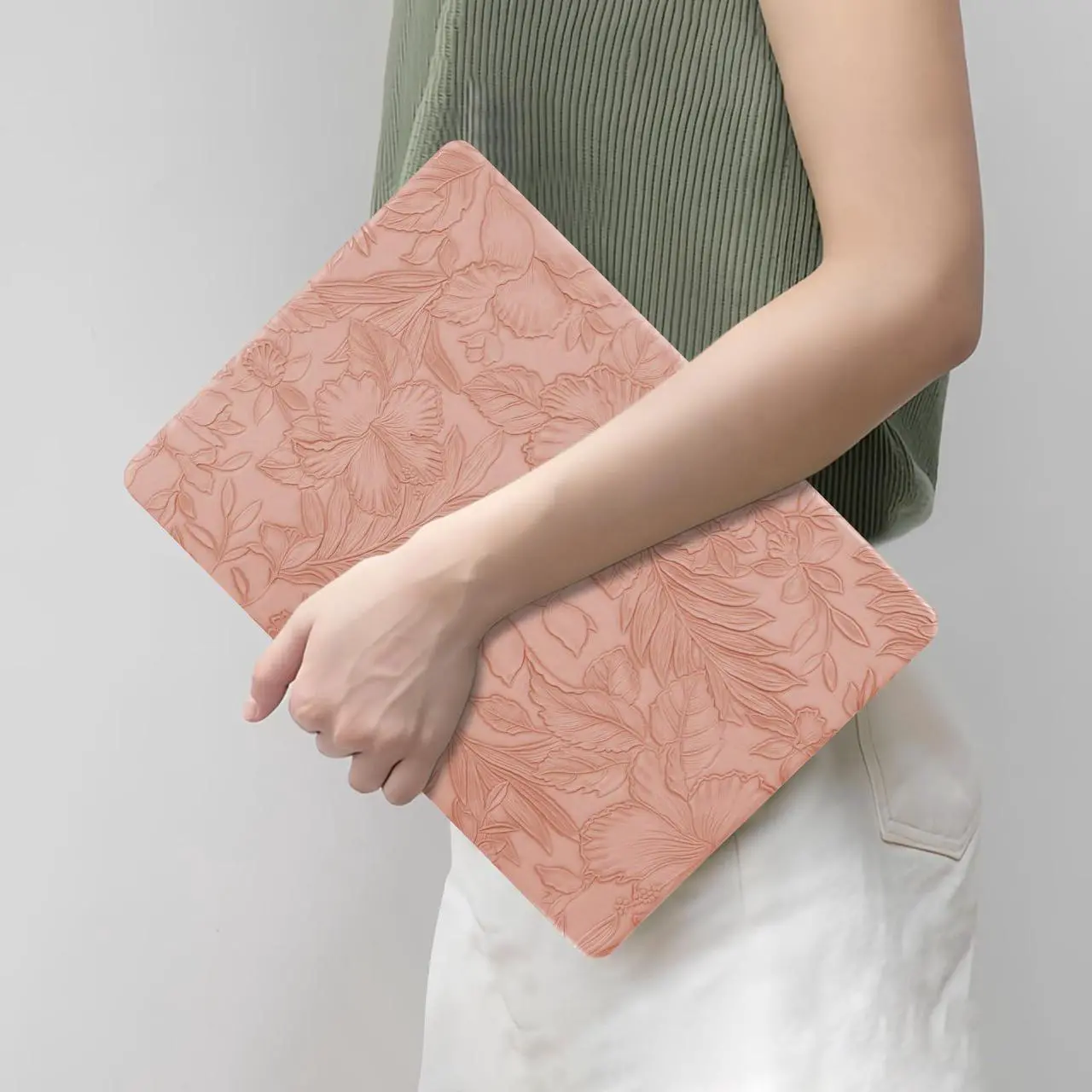 Alt view image 4 of 5 - DTangLsm for 2025 MacBook Air 15 inch Case 2024 2023 M4 A3241 M3 A3114 M2 A2941, Texture Leather MacBook Air Cover Plastic Hard Shell Case & Keyboard Cover for MacBook Air M4 15", Pink Embossed Floral