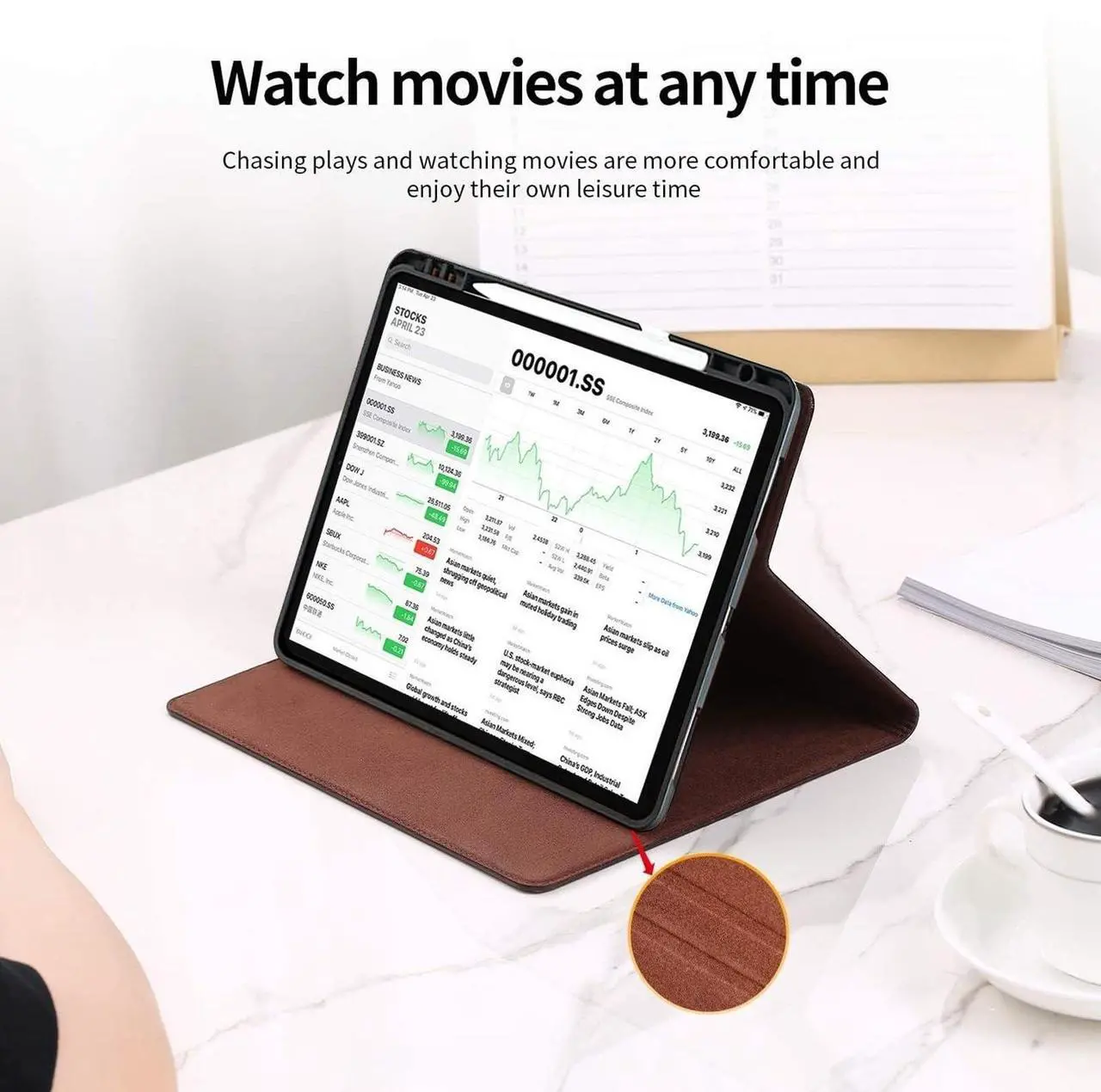 Alt view image 4 of 5 - Gexmil Genuine Leather Case for iPad Pro 13 Inch M4 2024 with Pencil Holder,Protective Shockproof Smart Premium Leather Folio Cover Adjustable Stand Auto Sleep/Wake Anti-Slip,Brown Crocodile
