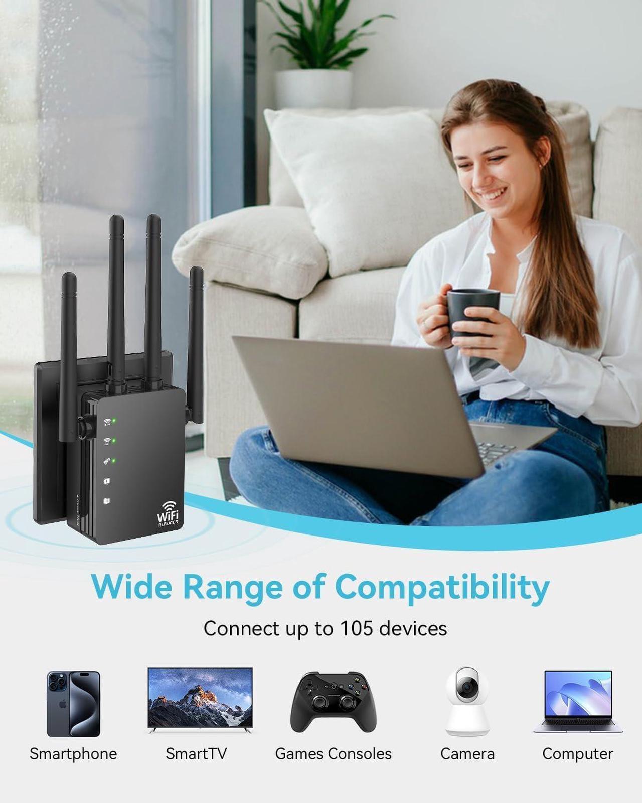 Alt view image 4 of 5 - WiFi Extender Signal Booster with Ethernet Port, Dual Band 5GHz/2.4GHz, Up to 12880 Sq. Ft Coverage, WiFi Range Extender for Home and Outdoors, 1200Mbps WiFi Booster