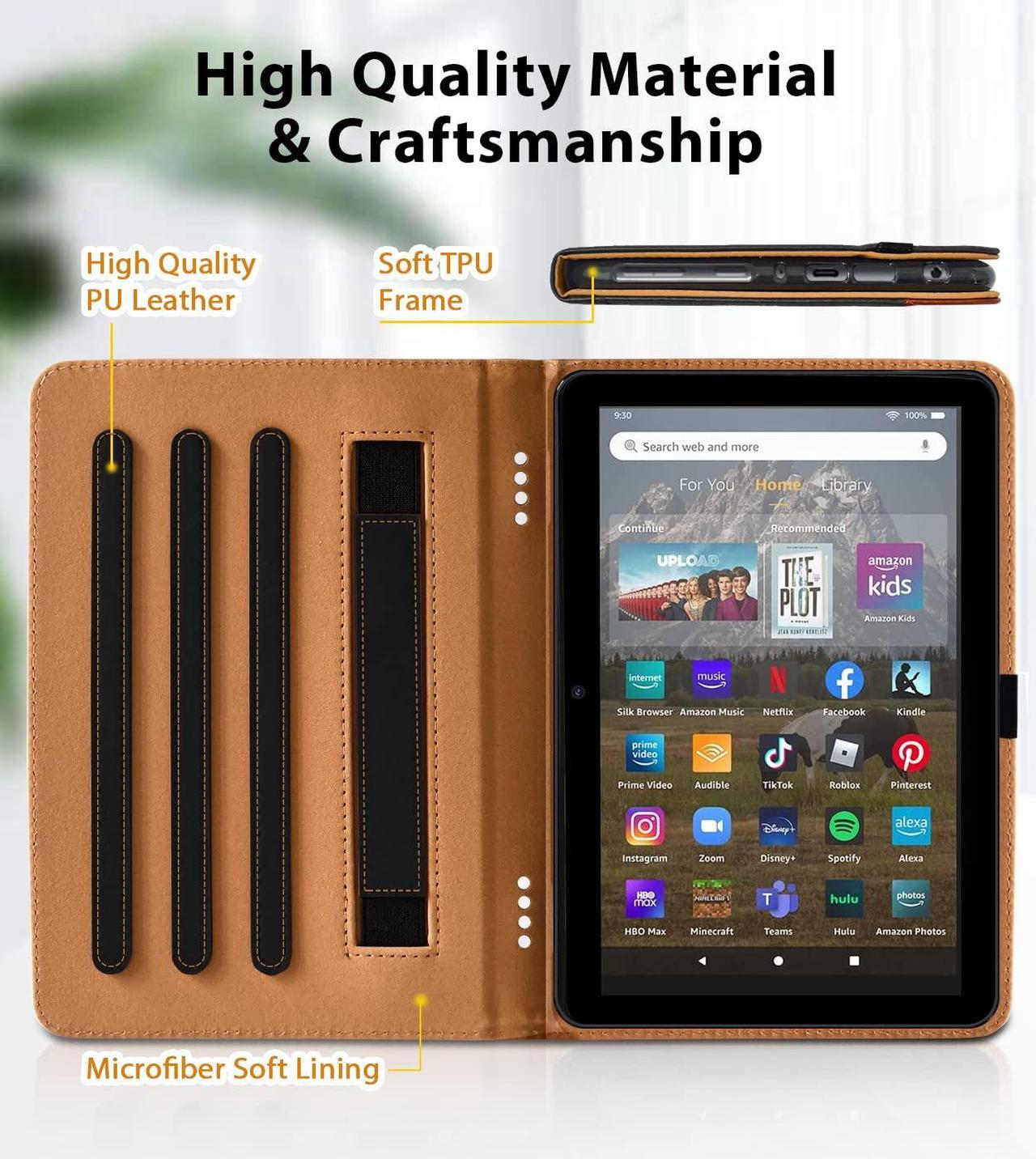 Alt view image 3 of 5 - Grifobes Case [Only for 2024/2022/2020 Released 14th/12th/10th Generation] Kindle Fire HD 8/8 Plus, Premium PU Leather Folio Auto Wake/Sleep Cover with Hand Strap/Stylus Holder, Black+Brown