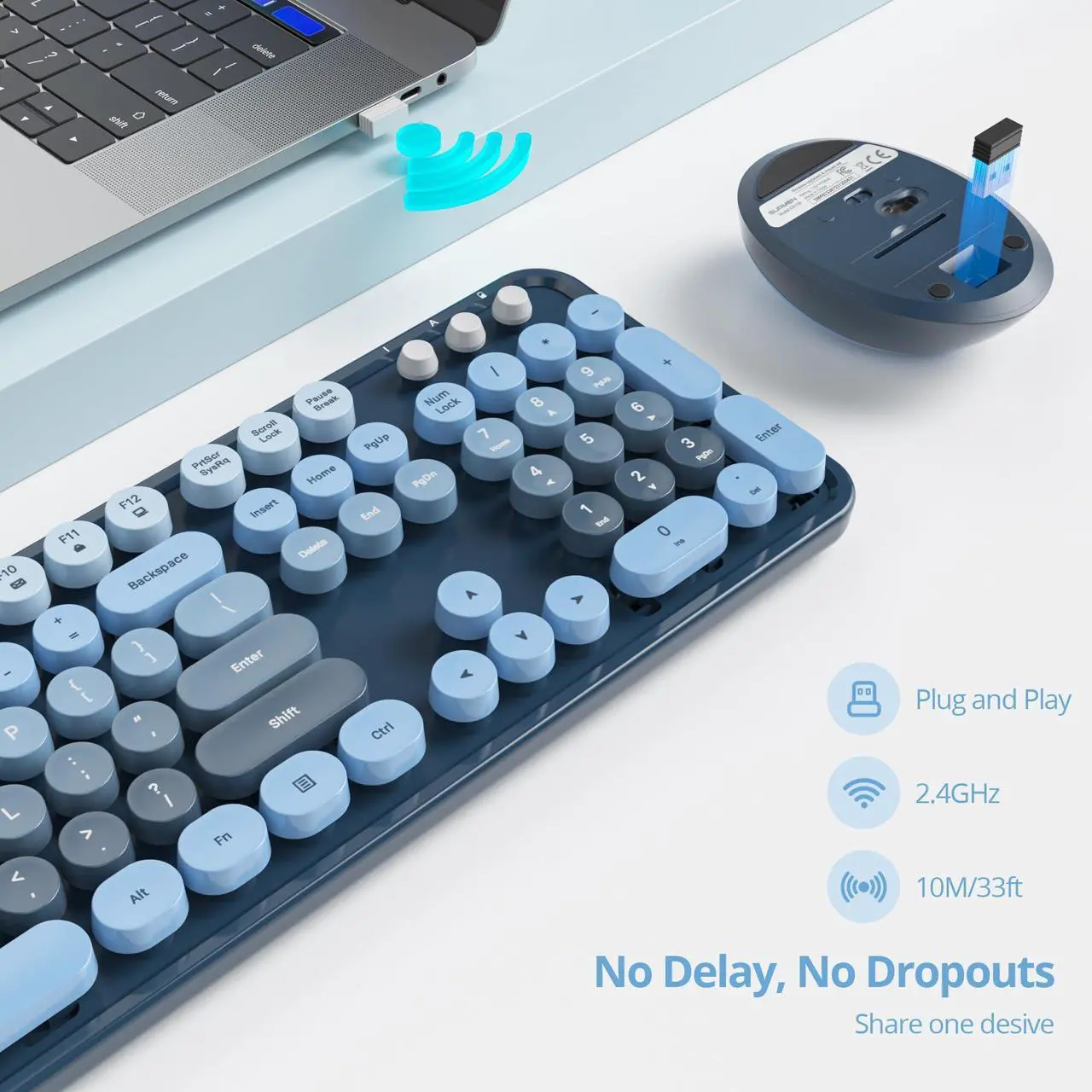 Alt view image 2 of 5 - Guffercty kred Colorful Blue Wireless Keyboard and Mouse Combo, Retro Typewriter Wireless Full-Size Cute Office Keyboard 2.4GHz with Round Keycaps for Desktop Laptop and PC (Ocean Blue)