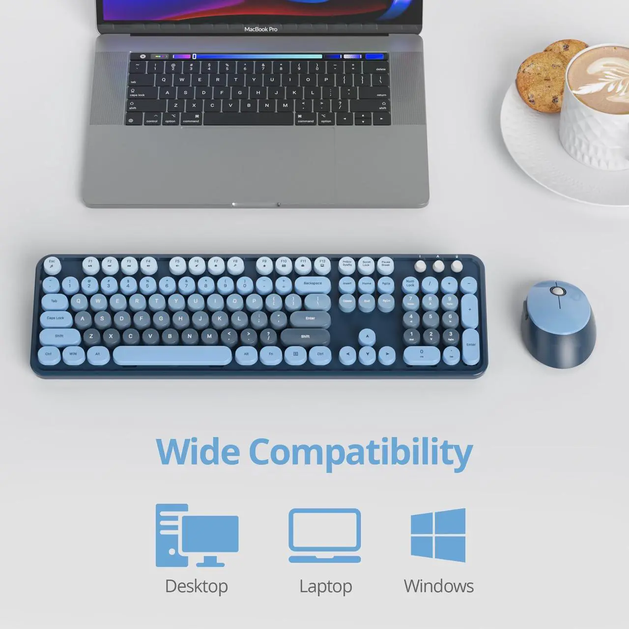 Alt view image 3 of 5 - Guffercty kred Colorful Blue Wireless Keyboard and Mouse Combo, Retro Typewriter Wireless Full-Size Cute Office Keyboard 2.4GHz with Round Keycaps for Desktop Laptop and PC (Ocean Blue)