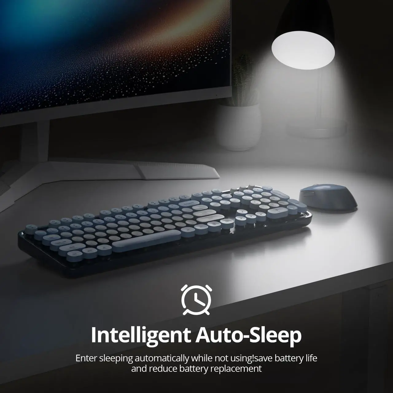 Alt view image 5 of 5 - Guffercty kred Colorful Blue Wireless Keyboard and Mouse Combo, Retro Typewriter Wireless Full-Size Cute Office Keyboard 2.4GHz with Round Keycaps for Desktop Laptop and PC (Ocean Blue)