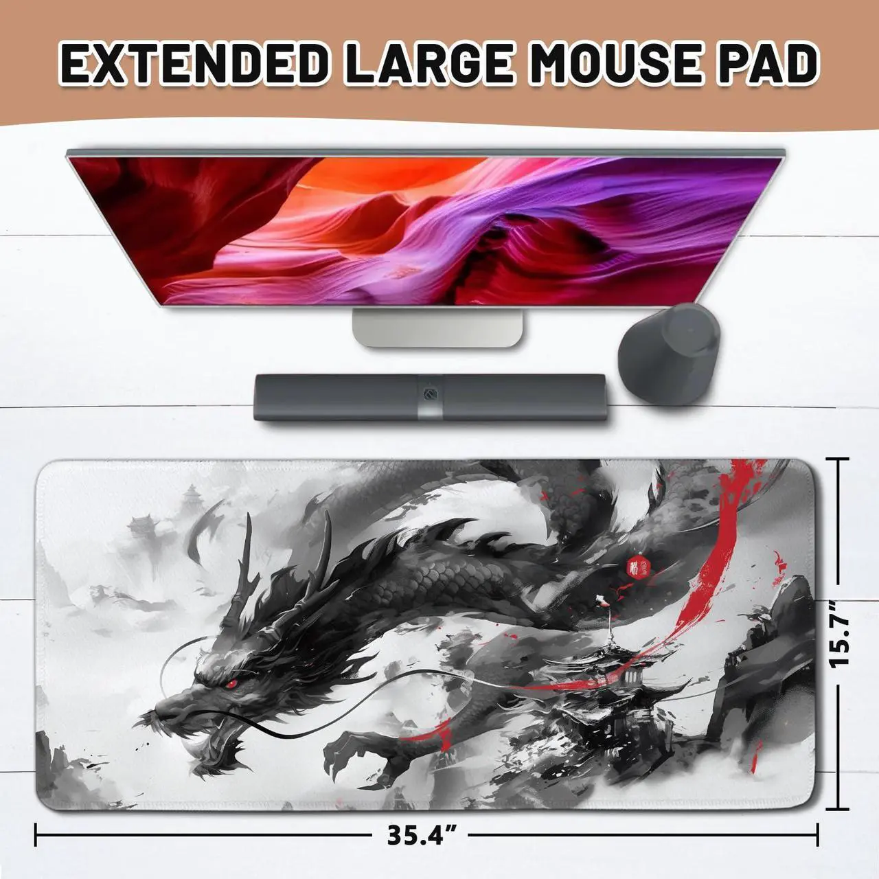 Alt view image 2 of 5 - XXL Dragon Mouse Pad - Black and White Dragon Mouse Pad, Eetended Gaming Mousepad, XXL Anime Gaming Keyboard Mat, Large Extended Desk Mat for Keyboard and Mouse, 15.7"x 35.4"