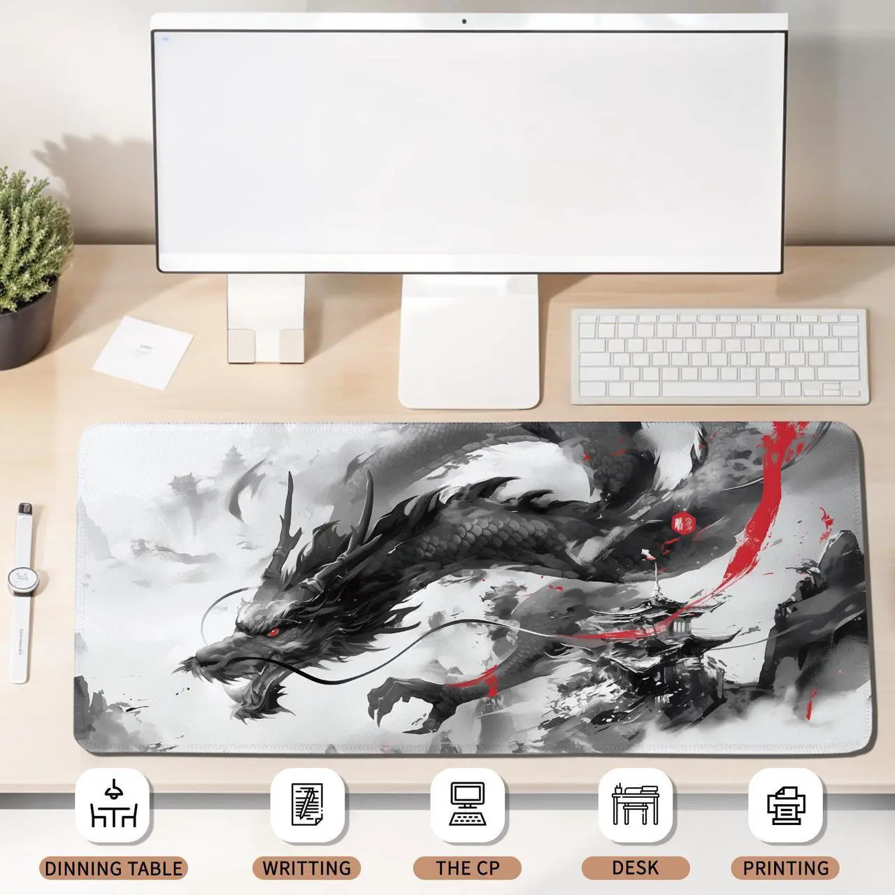 Alt view image 5 of 5 - XXL Dragon Mouse Pad - Black and White Dragon Mouse Pad, Eetended Gaming Mousepad, XXL Anime Gaming Keyboard Mat, Large Extended Desk Mat for Keyboard and Mouse, 15.7"x 35.4"