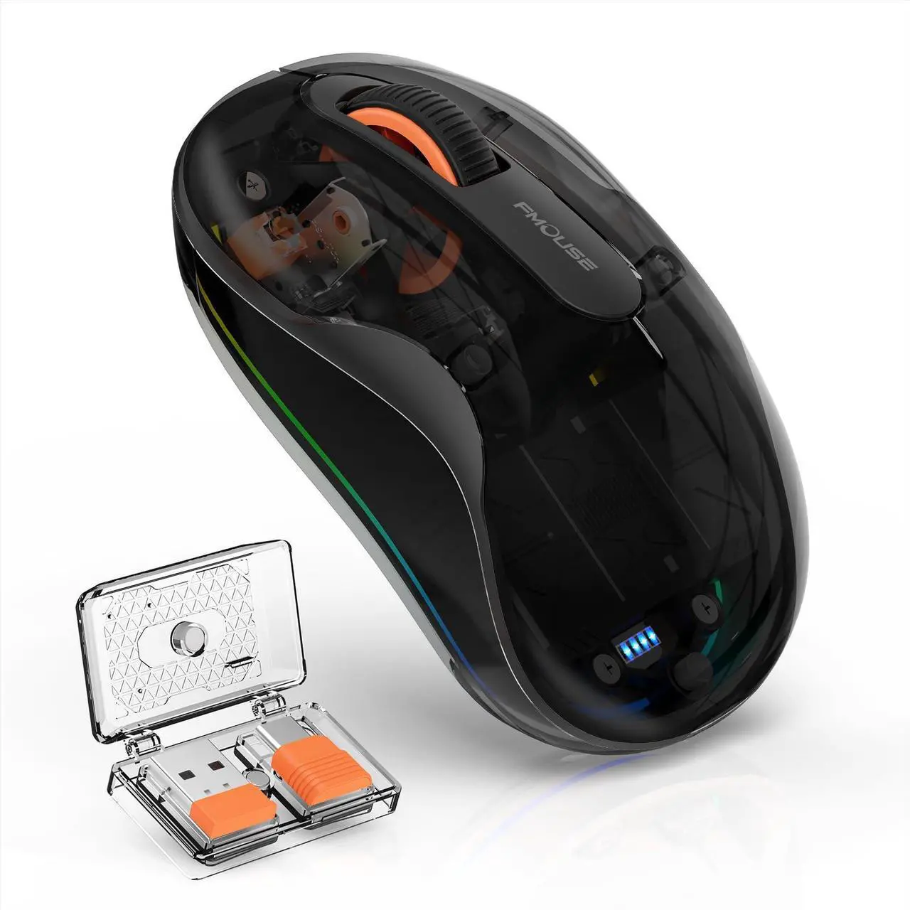 Alt view image 2 of 5 - Bluetooth Wireless Mouse, Transparent RGB Tri-Modes Mouse,Bluetooth & 2.4GHz for Multi Device, USB-C Receiver Ideal for MacBook/Laptops, Rechargeable, Silent, Portable, Cool LED, Ergonomic - Black