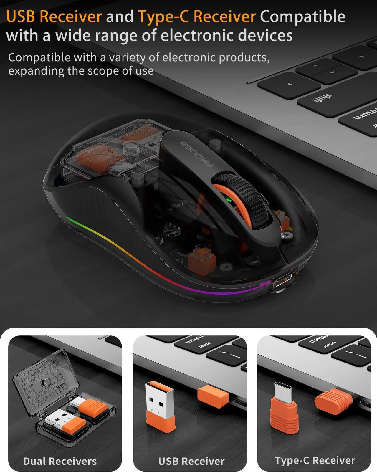Alt view image 4 of 5 - Bluetooth Wireless Mouse, Transparent RGB Tri-Modes Mouse,Bluetooth & 2.4GHz for Multi Device, USB-C Receiver Ideal for MacBook/Laptops, Rechargeable, Silent, Portable, Cool LED, Ergonomic - Black