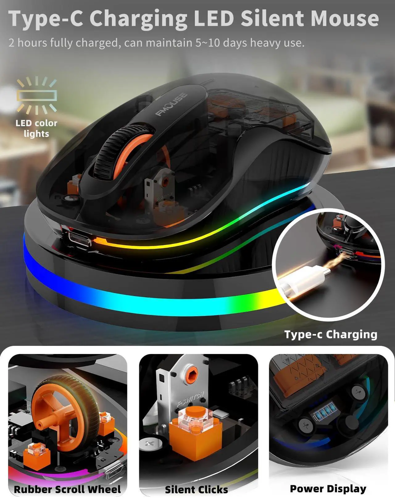Alt view image 5 of 5 - Bluetooth Wireless Mouse, Transparent RGB Tri-Modes Mouse,Bluetooth & 2.4GHz for Multi Device, USB-C Receiver Ideal for MacBook/Laptops, Rechargeable, Silent, Portable, Cool LED, Ergonomic - Black