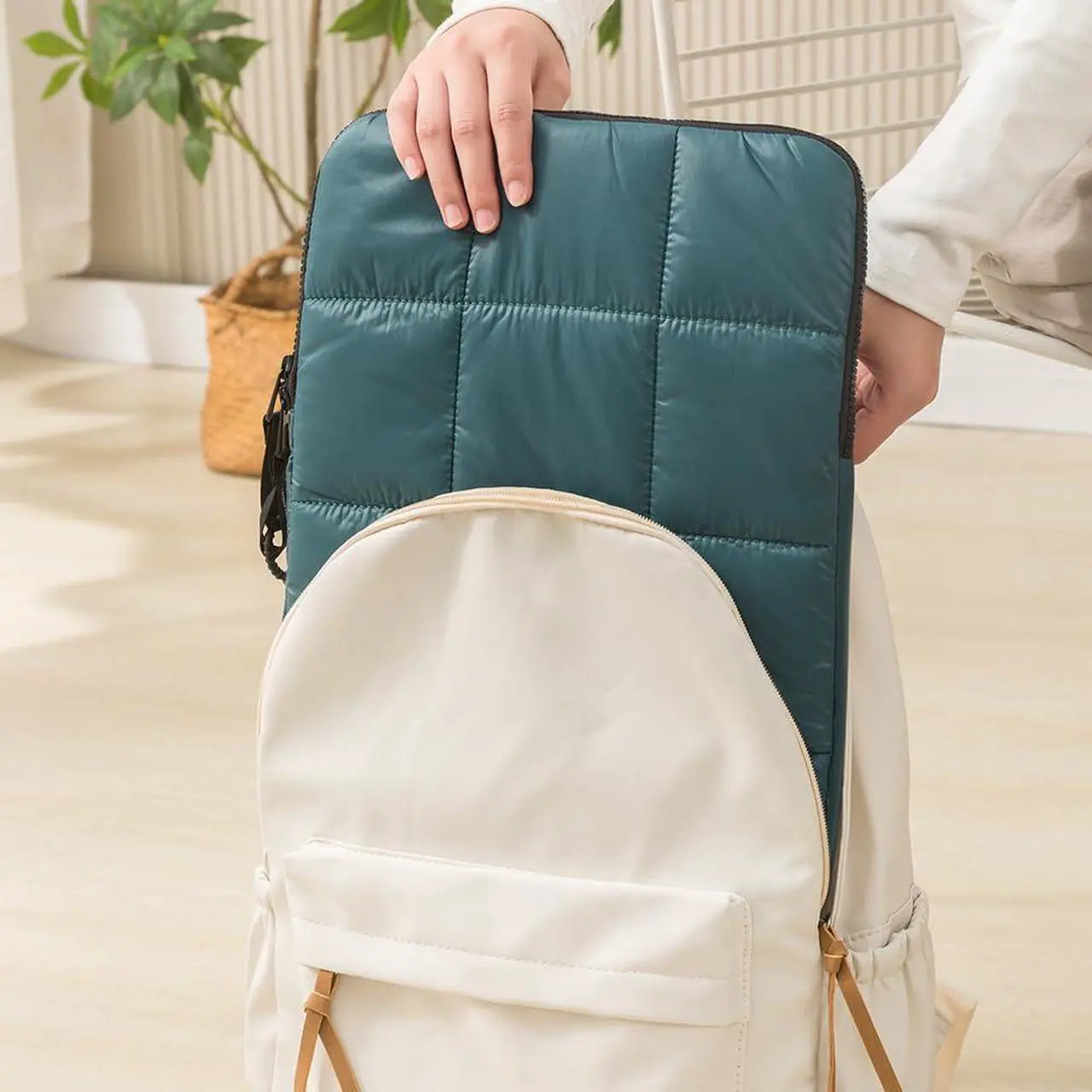 Alt view image 3 of 5 - Linpr Puffy Laptop Sleeve 13 Inch DarkGreen, Waterproof Carrying Case Bag for Women, Fluffy Computer iPad Pro12.9 Case, Compatible with MacBook Pro 12, MacBook Air M2 M1, Asus/Dell XPS/Lenovo in Cover
