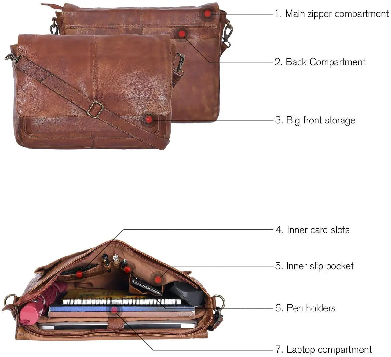 Alt view image 2 of 5 - Vintage Messenger Bags For Him And Her | Leather | Adjustable Shoulder Strap | Tan | Multiple Compartment | Sleek Design