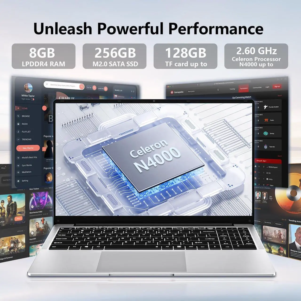Alt view image 4 of 5 - 15.6 inch Laptop, Gaming Laptop N4000 Processor, Laptop Computer with 8GB LPDDR4 256GB SSD, Silver Traditional Laptop Computers for Work & Study, 180deg Angle Open, Dual-Band WiFi, Long Battery Life