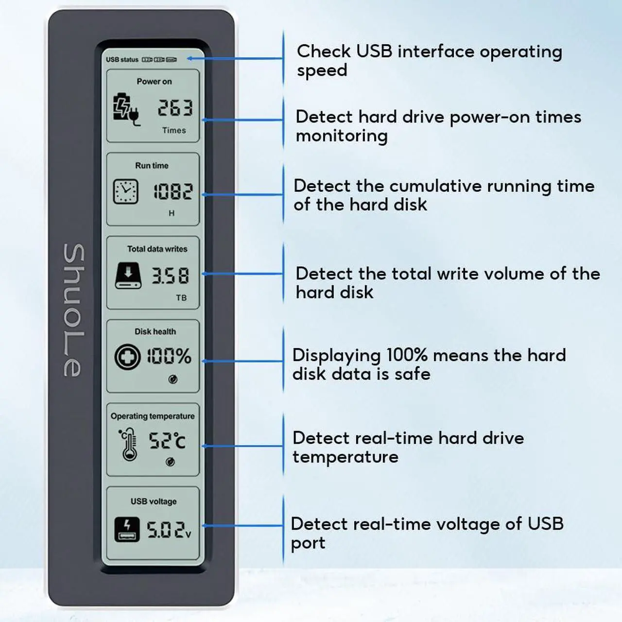 Alt view image 3 of 5 - ShuoLe Aluminum M.2 SSD Enclosure Adapter with LCD Display Screen,USB 3.2 10Gbps USB C to NVMe PCIe SATA M-Key/(B+M) Key Solid State Drive External Case Support UASP Trim for SSD Size 2242 2260 2280