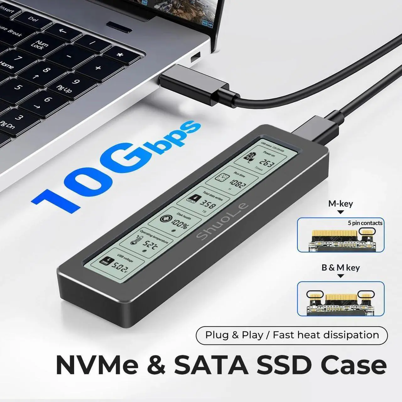 Alt view image 5 of 5 - ShuoLe Aluminum M.2 SSD Enclosure Adapter with LCD Display Screen,USB 3.2 10Gbps USB C to NVMe PCIe SATA M-Key/(B+M) Key Solid State Drive External Case Support UASP Trim for SSD Size 2242 2260 2280