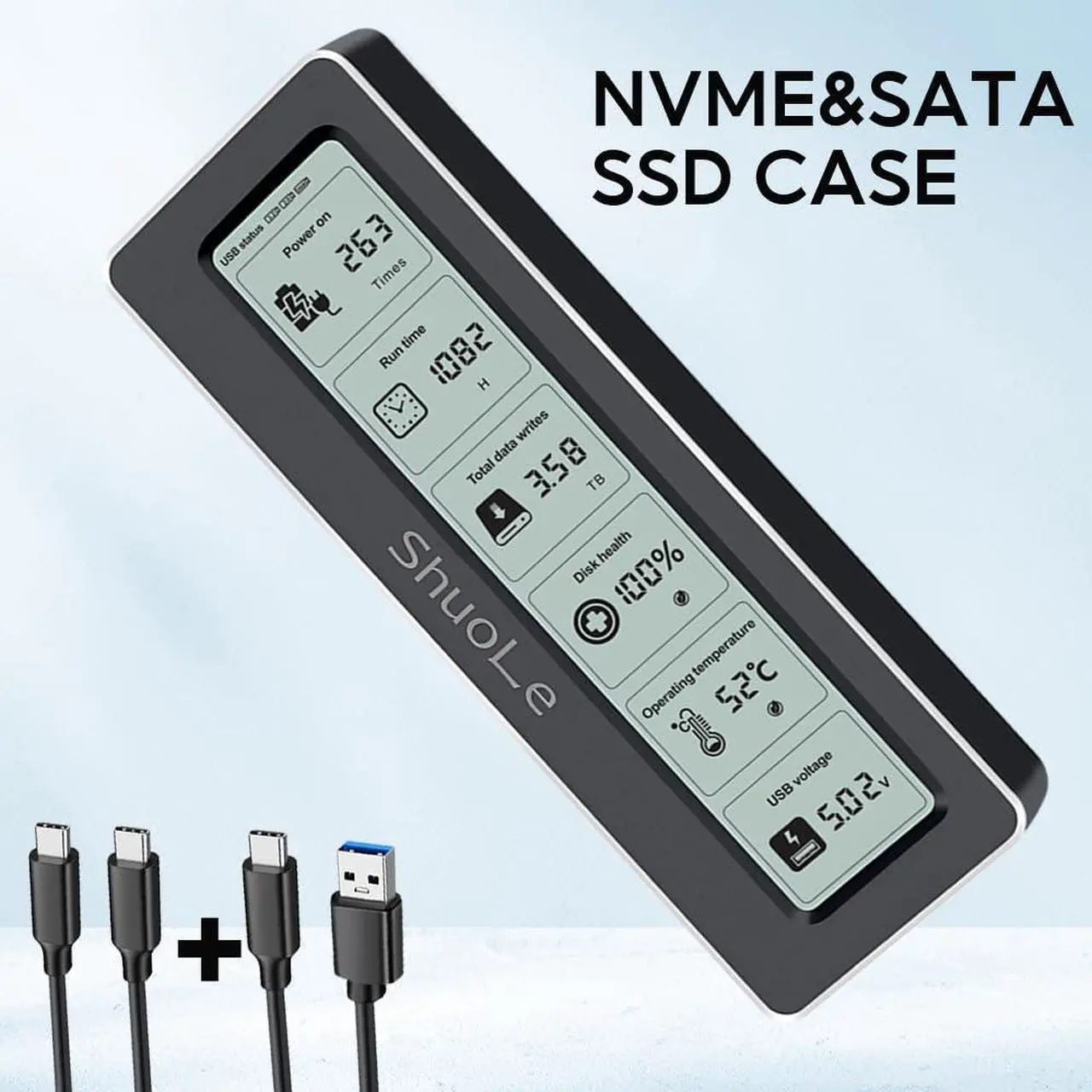 Alt view image 2 of 5 - ShuoLe Aluminum M.2 SSD Enclosure Adapter with LCD Display Screen,USB 3.2 10Gbps USB C to NVMe PCIe SATA M-Key/(B+M) Key Solid State Drive External Case Support UASP Trim for SSD Size 2242 2260 2280