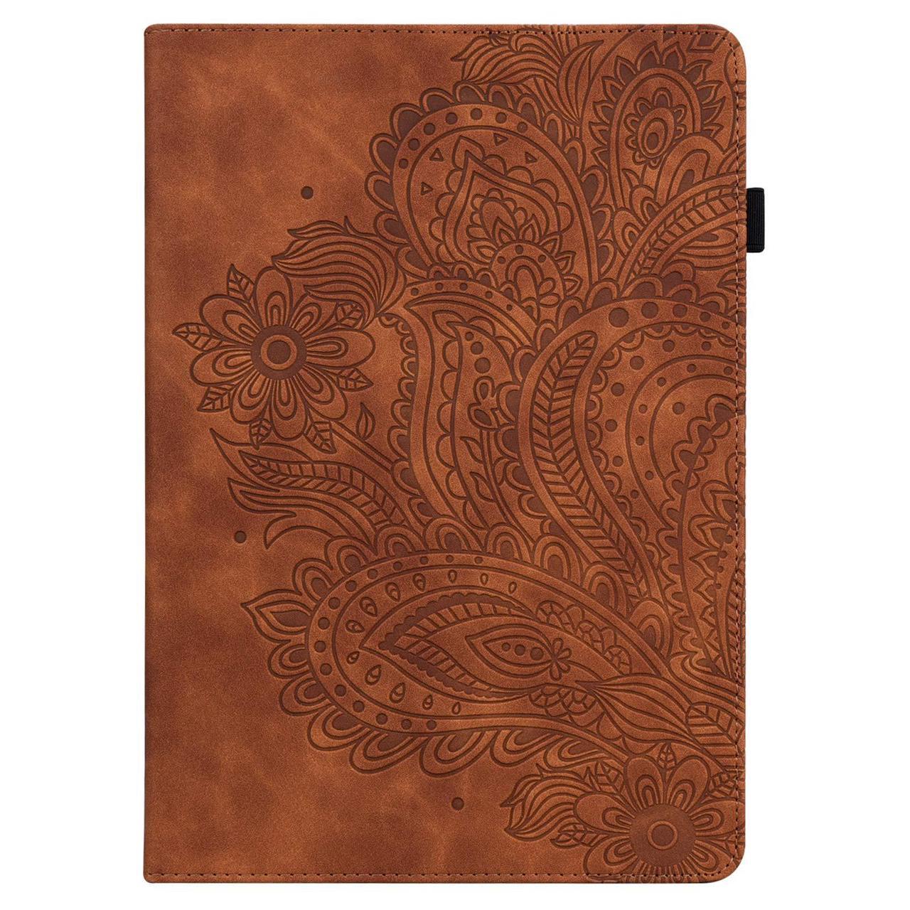 Alt view image 3 of 5 - UUcovers Kindle Fire HD 8 8th/7th/6th Generation Case (2016/2017/2018) with Pencil Holder Elastic Band Embossed Pattern PU Leather Multi-Angle Stand Folio Wallet Shockproof Cover,Brown Peacock Flower