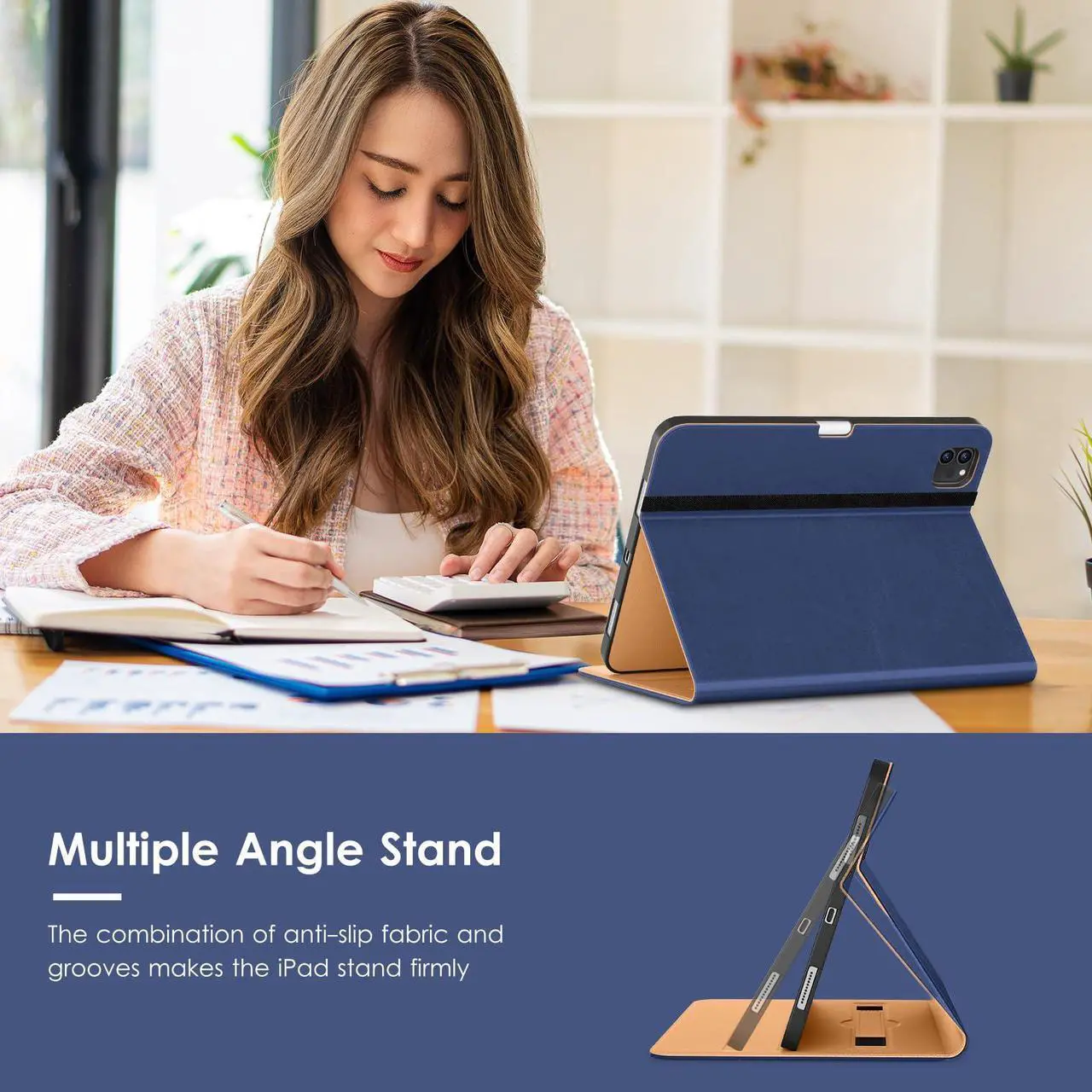 Alt view image 4 of 5 - VIKESI Case for iPad Air 13 inch (M3) 2025 / (M2) 2024,Premium Leather Folio,Apple Pencil Holder,Auto Sleep/Wake,Stand Cover - Navy Blue