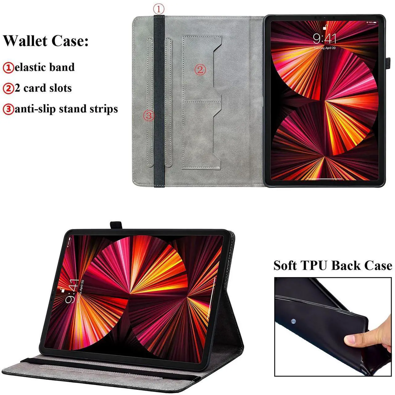 Alt view image 5 of 5 - UUcovers for iPad Air 13" M2 (2024) & iPad Pro 12.9 Case 6th/5th/4th/3rd Gen (2022/2021/2020/2018) with Stand/Pencil Holder/Folio PU Leather Wallet Smart Cover [Auto Sleep/Wake], Purple Peony Flower