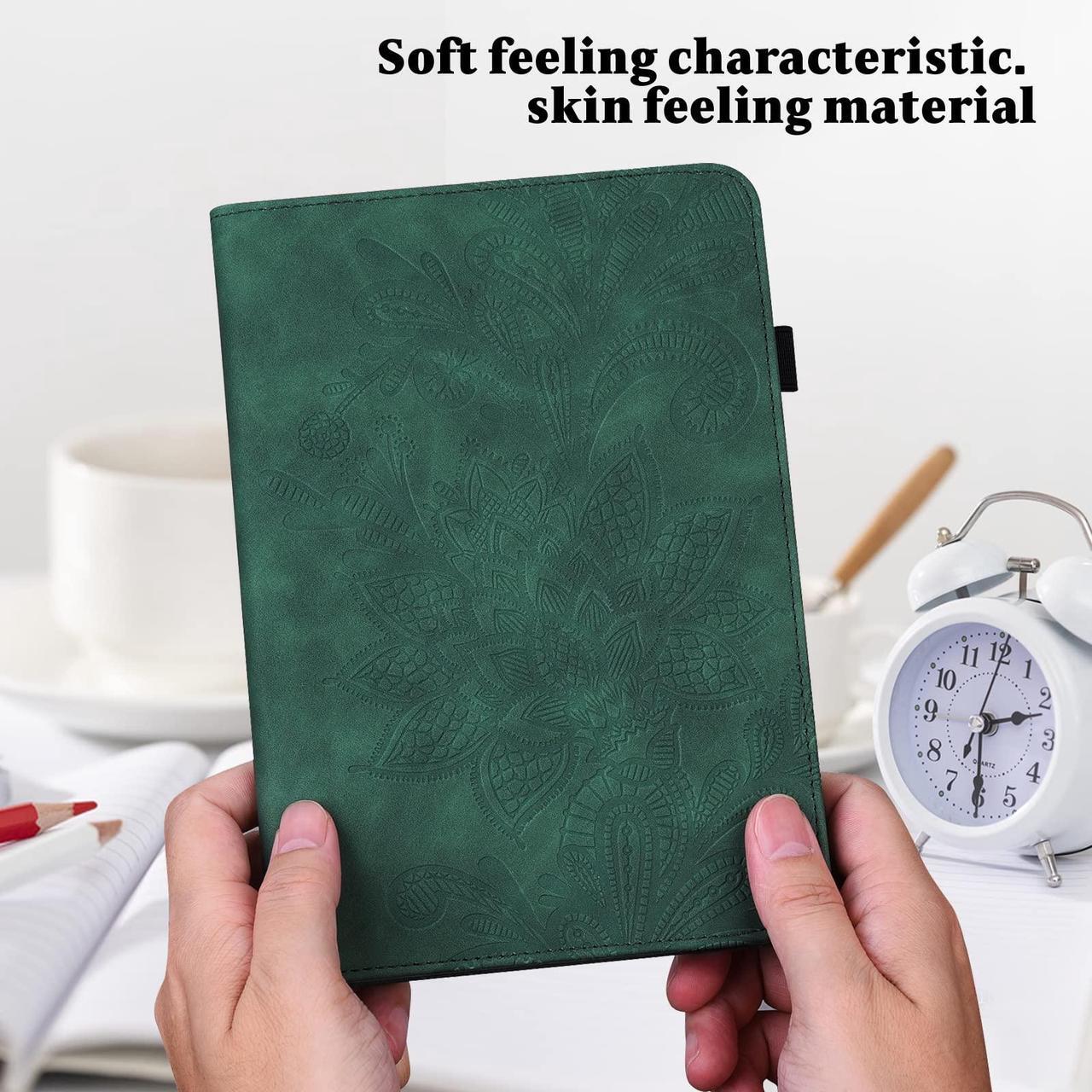 Alt view image 4 of 5 - VODEFOX Case for  Kindle Fire HD 8 Tablet & 8 Plus Tablet(12th/10th Generation,2024/2022/2020),Lace Floral Embossed PU Leather Stand Case Folding Stand Protective Cover - Green