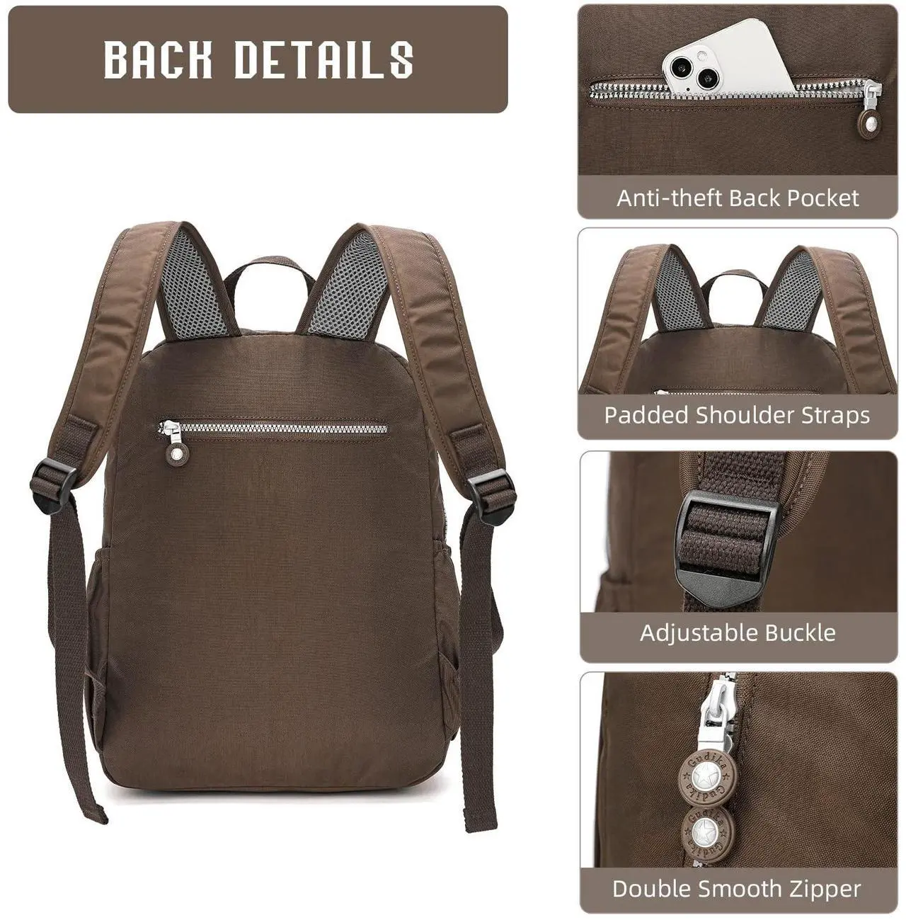 Alt view image 4 of 5 - Vendra Moka Compact Hiking Nylon Waterproof Laptop Backpack Purse for Women and Men, Small Lightweight Travel Casual Outdoor Dayback