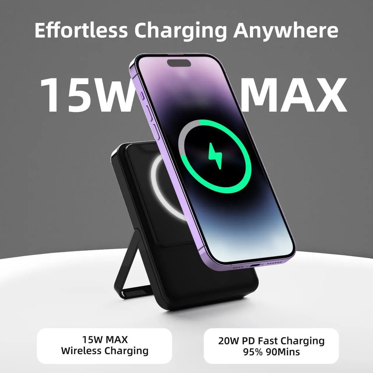 Alt view image 2 of 5 - COOFLY 5000mAh Portable Magnetic Power Bank with Stand  Wireless Charging Compatible with iPhone 15/14/13/12, Type-C Fast Charging