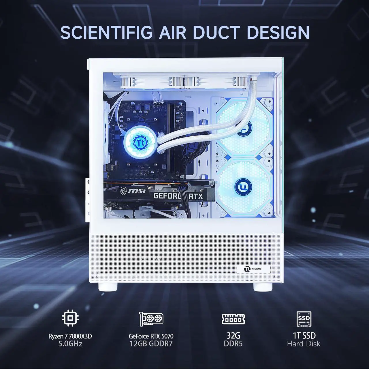 Alt view image 2 of 7 - NINGMEI Gaming PC Desktop, Ryzen 7 7800X3D 4.2 GHz (5GHz Turbo Boost), NVIDIA RTX 5070 12GB GDDR7, 1TB Gen4 NVMe SSD, 32GB DDR5 RAM 6000 ,240mm ARGB AIO, 750W  PSU, Wi-Fi, Win 11 Home