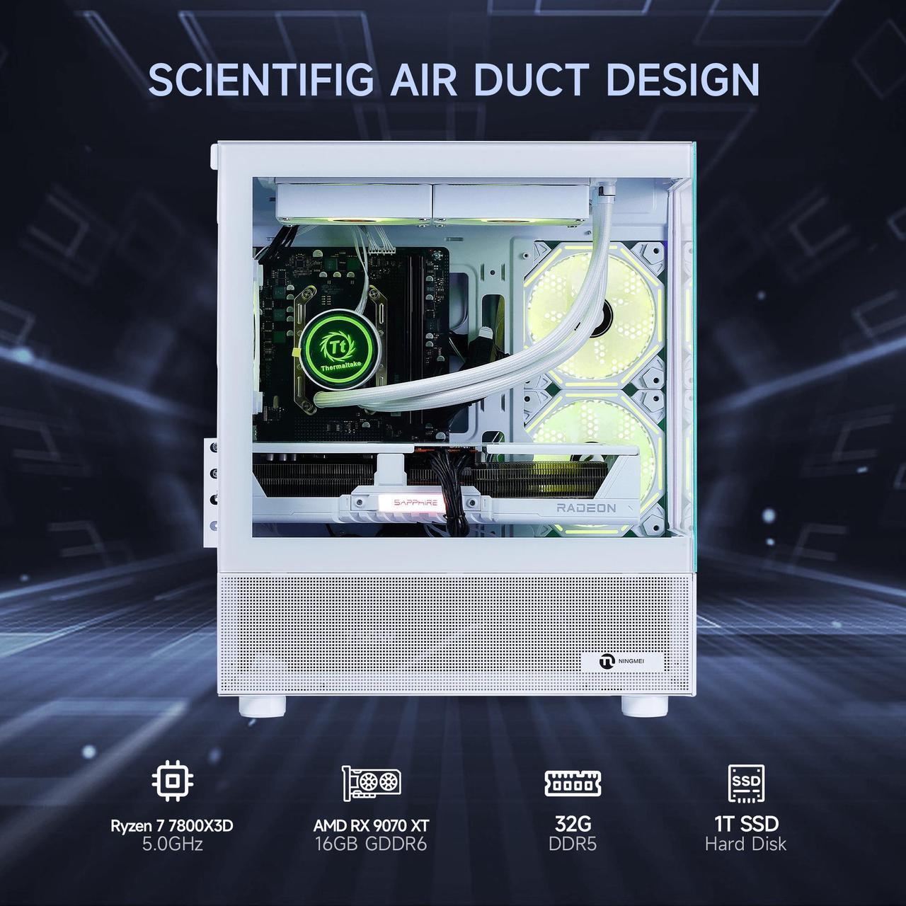 Alt view image 2 of 7 - NINGMEI Gaming PC Desktop, Ryzen 7 7800X3D 4.2 GHz (5GHz Turbo Boost), AMD RX 9070 XT 16GB GDDR6, 1TB Gen4 NVMe SSD, 32GB DDR5 RAM 6000 ,240mm ARGB AIO, 850W GOLD PSU, Wi-Fi, Win 11 Home