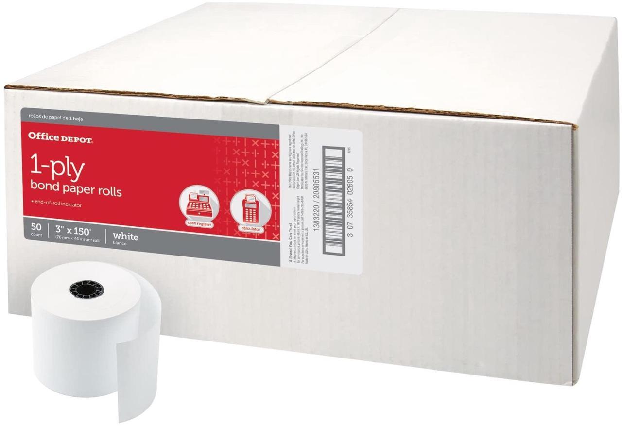 Alt view image 2 of 3 - Office Depot Single-Ply Paper Rolls, 3in. x 150ft., White, Carton Of 50, 554045