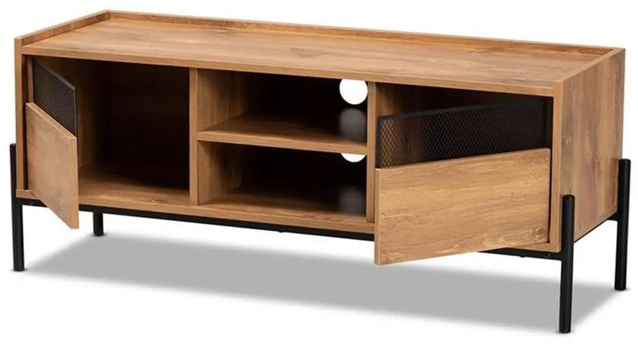Alt view image 17 of 20 - Baxton Studio Tasman Modern and Contemporary Industrial Natural Brown Finished Wood and Black Metal 2-Door TV Stand