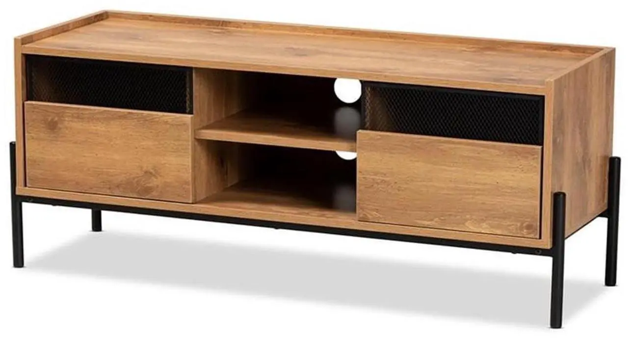 Alt view image 14 of 20 - Baxton Studio Tasman Modern and Contemporary Industrial Natural Brown Finished Wood and Black Metal 2-Door TV Stand