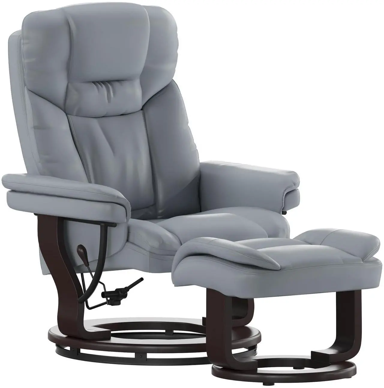 Alt view image 2 of 7 - Flash Furniture Allie Contemporary Multi-Position Recliner and Curved Ottoman with Swivel Mahogany Wood Base in Gray LeatherSoft