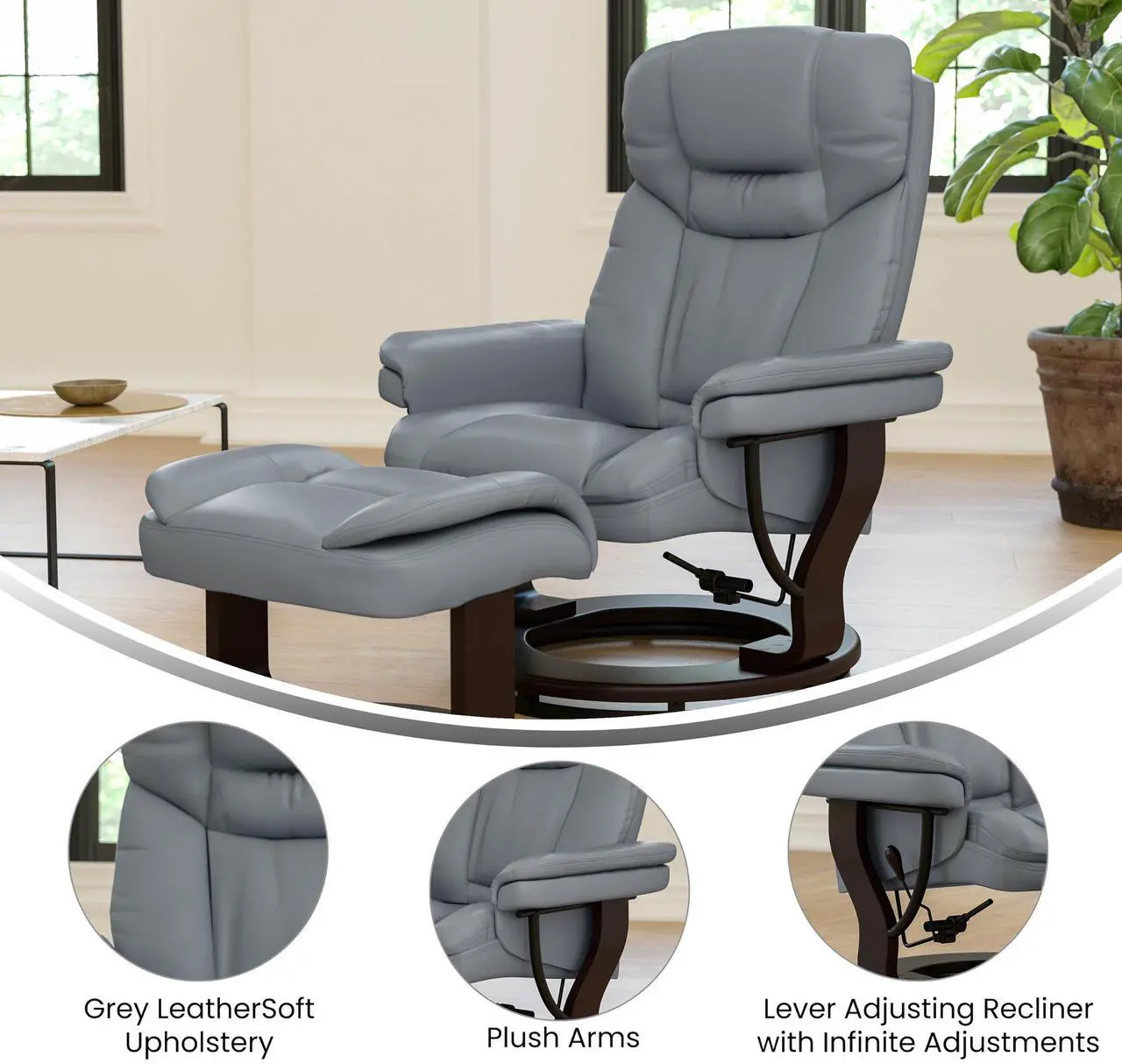 Alt view image 4 of 7 - Flash Furniture Allie Contemporary Multi-Position Recliner and Curved Ottoman with Swivel Mahogany Wood Base in Gray LeatherSoft