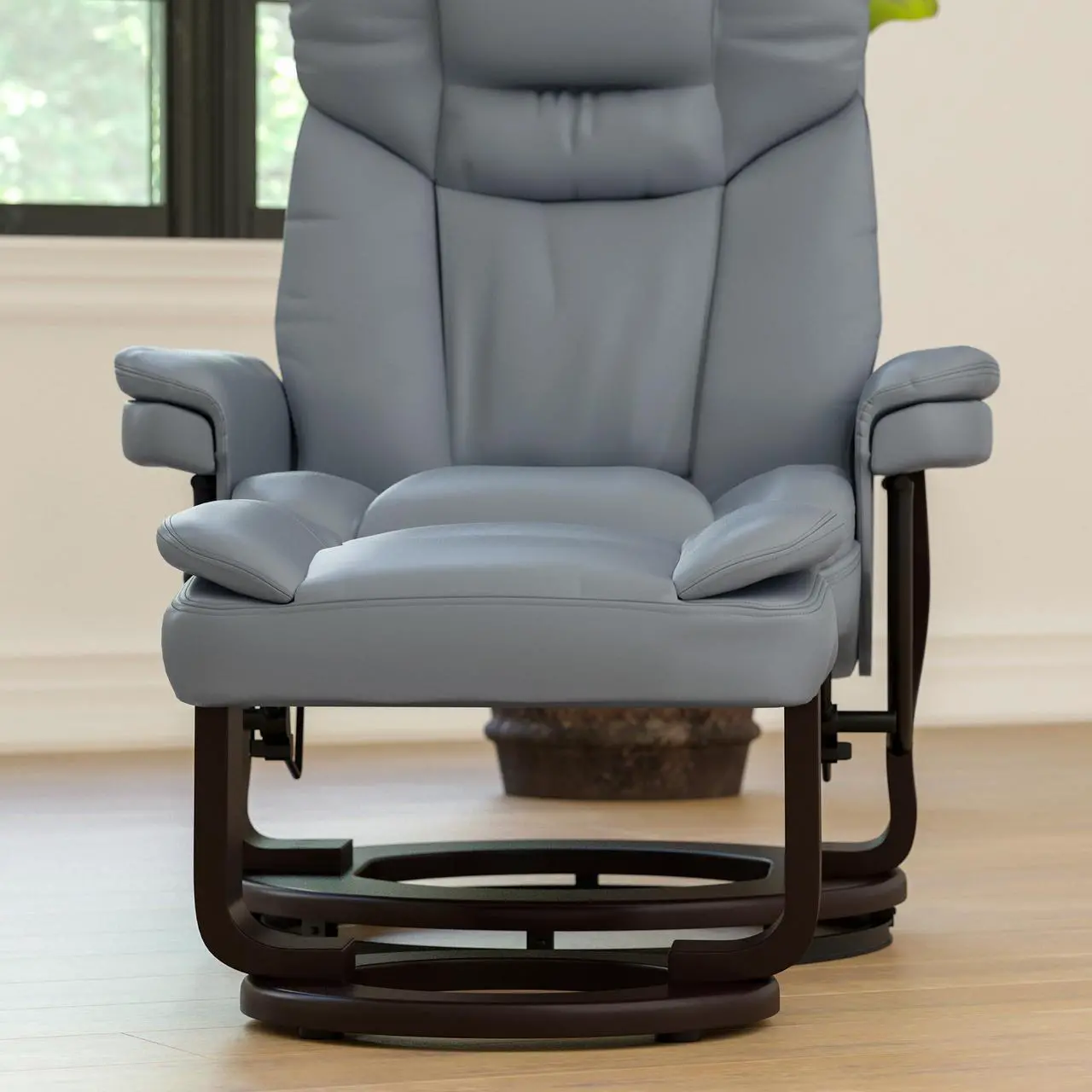 Alt view image 6 of 7 - Flash Furniture Allie Contemporary Multi-Position Recliner and Curved Ottoman with Swivel Mahogany Wood Base in Gray LeatherSoft