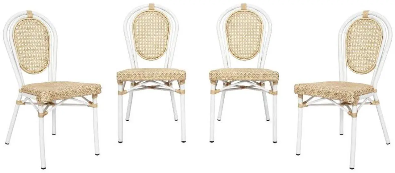 Main image of Flash Furniture Cannes Indoor/Outdoor Commercial Thonet Bistro Stack Chair - Natural PE Cane Rattan Back and Seat - White Metal Frame - Set of 4